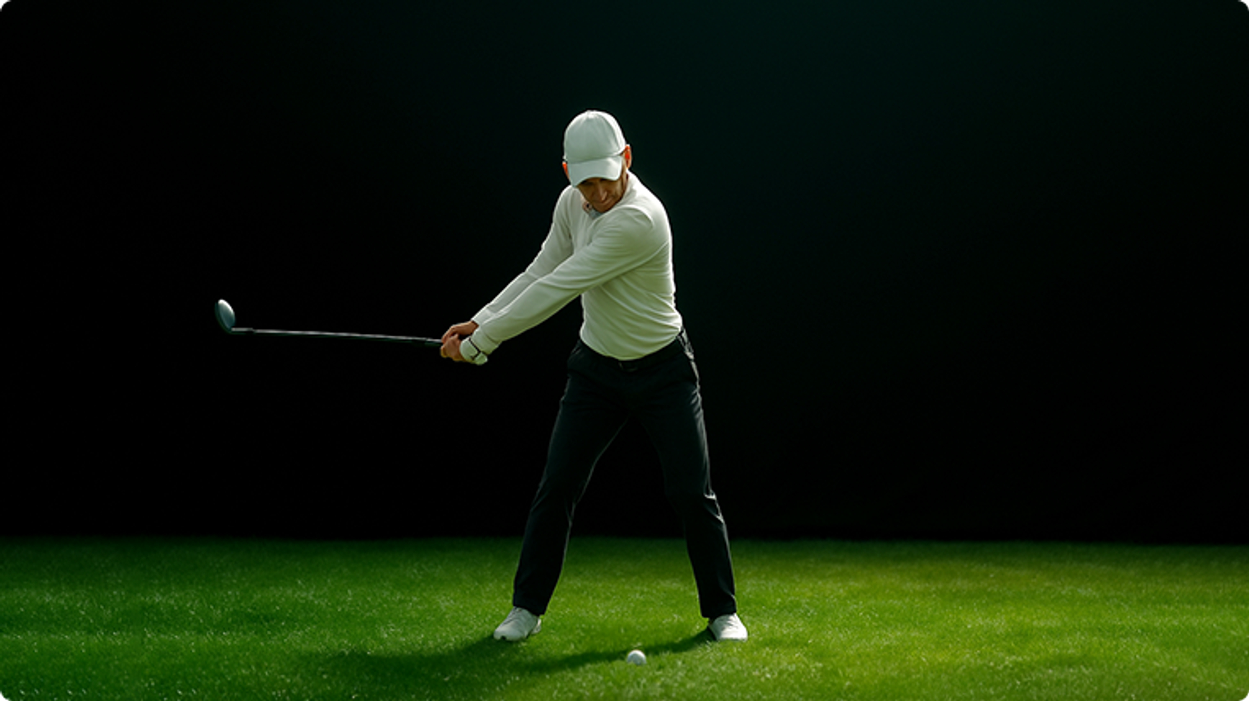A man in golf attire swinging a golf club on green grass against a dark background.