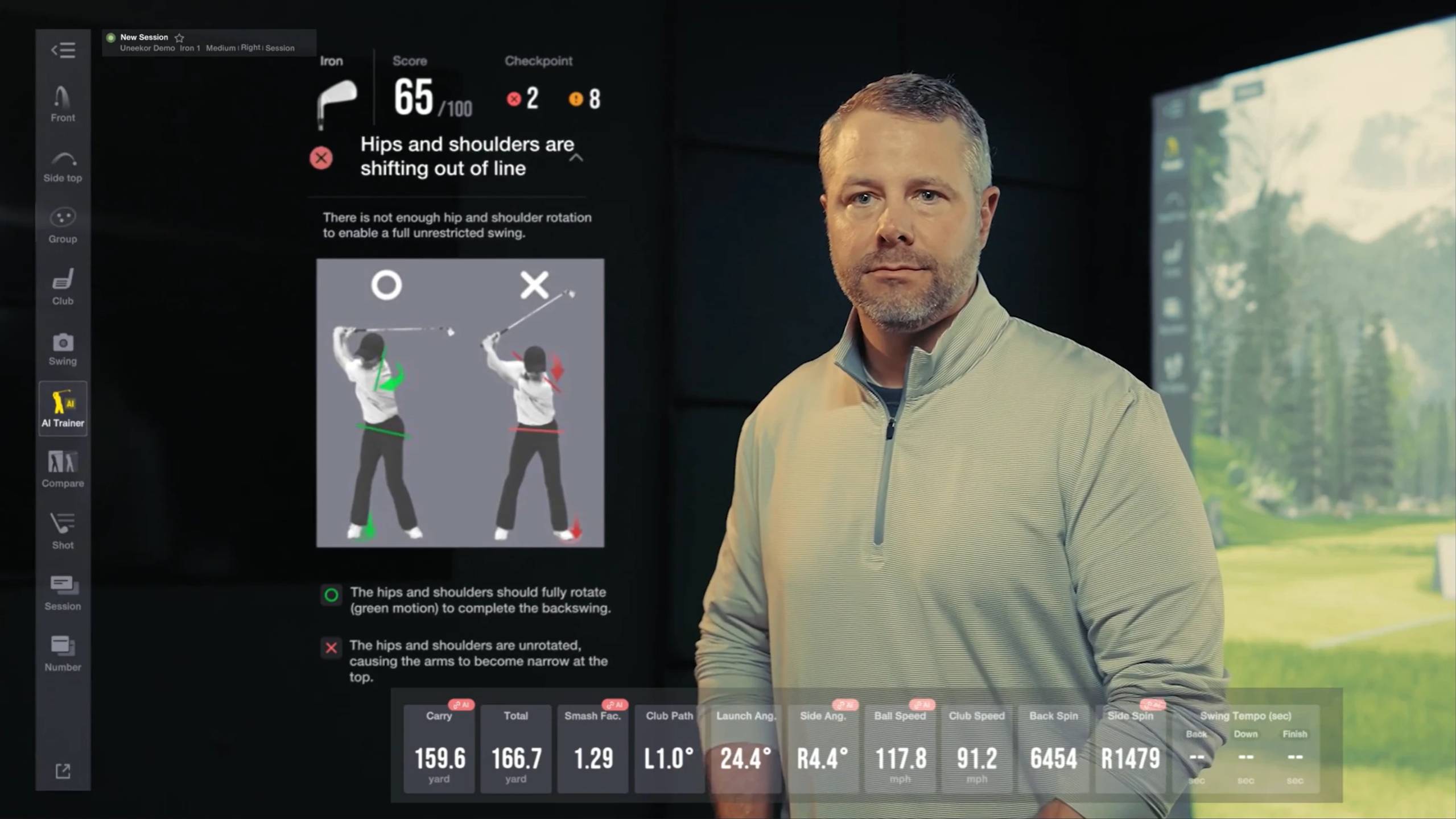 A man stands beside a golf simulator screen displaying a golf course and a digital golf swing analysis with visual feedback and data.
