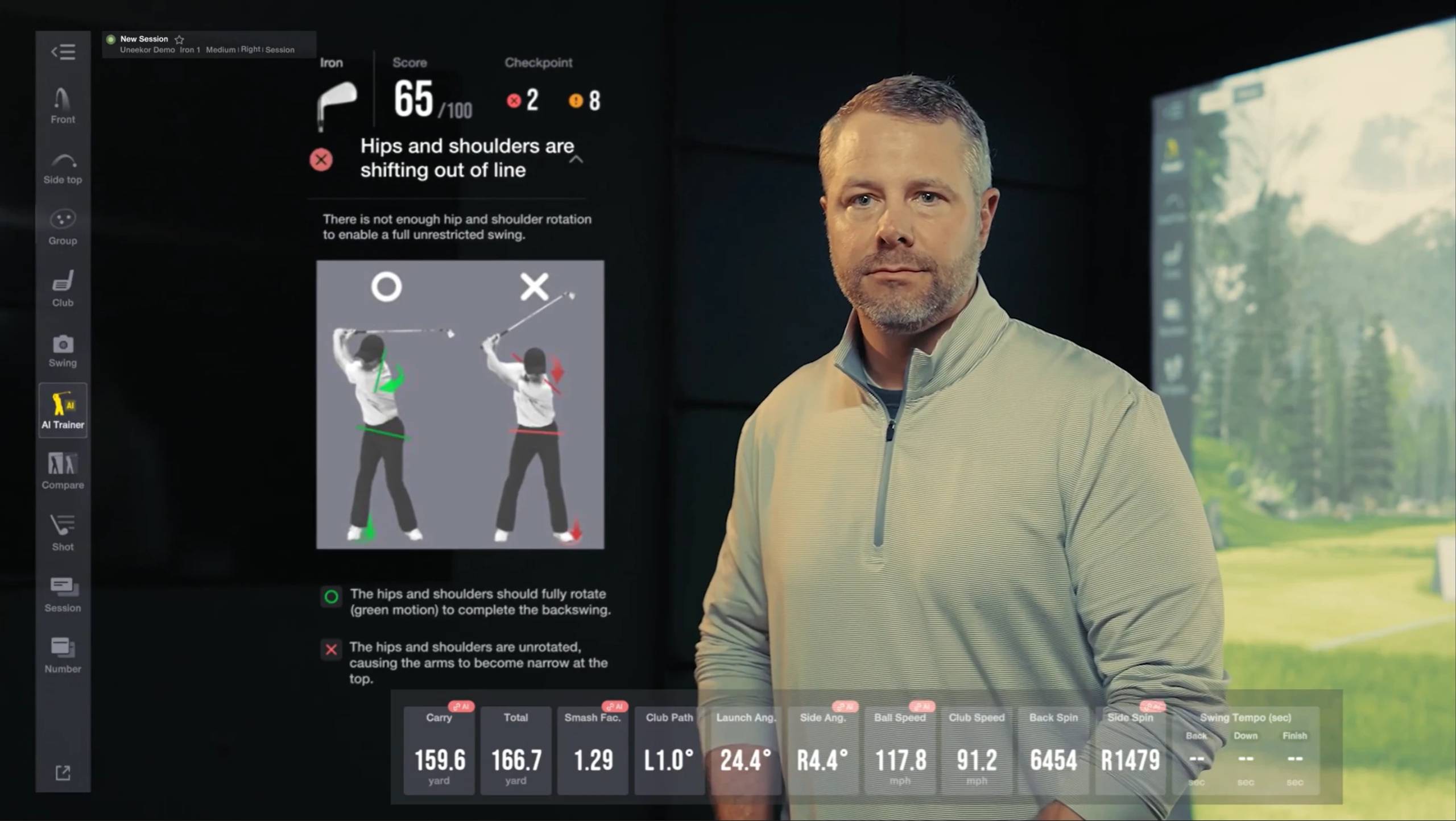 A man stands beside a golf simulator screen displaying a golf course and a digital golf swing analysis with visual feedback and data.