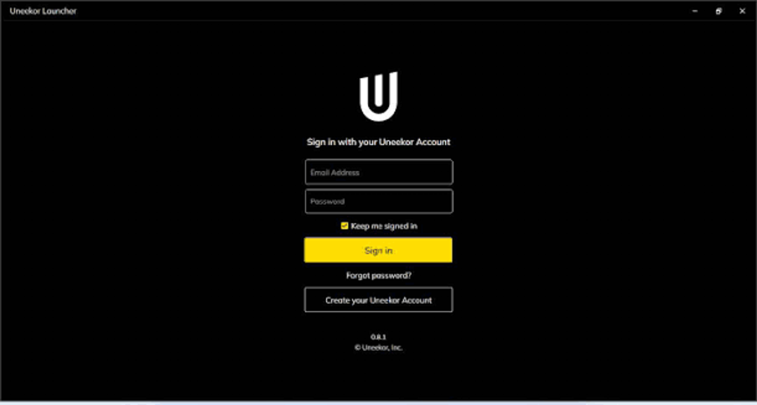 Umeekor Launcher login screen with email and password fields, and a sign in button.