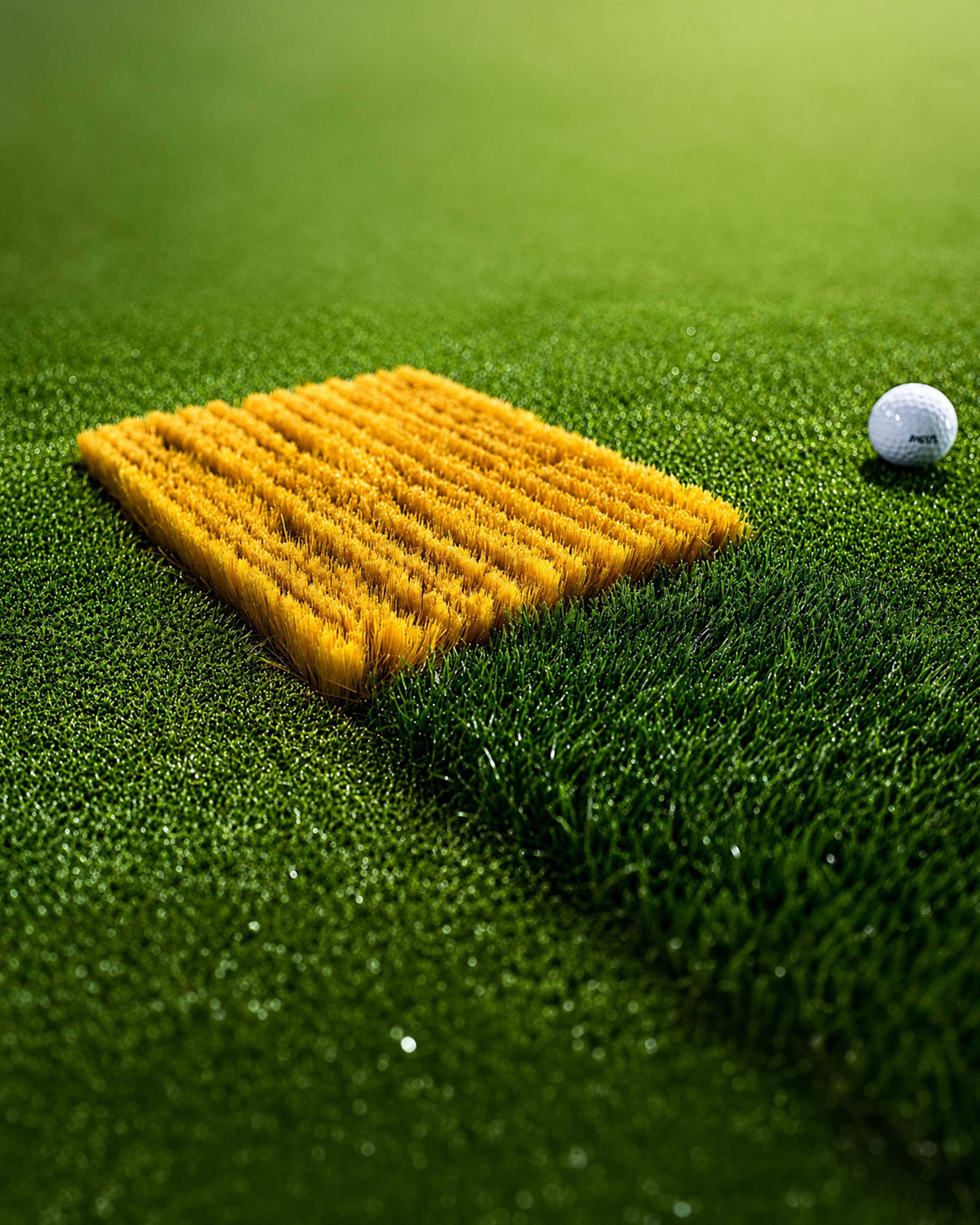 A golf ball rests on green artificial turf beside a yellow brush-like mat.