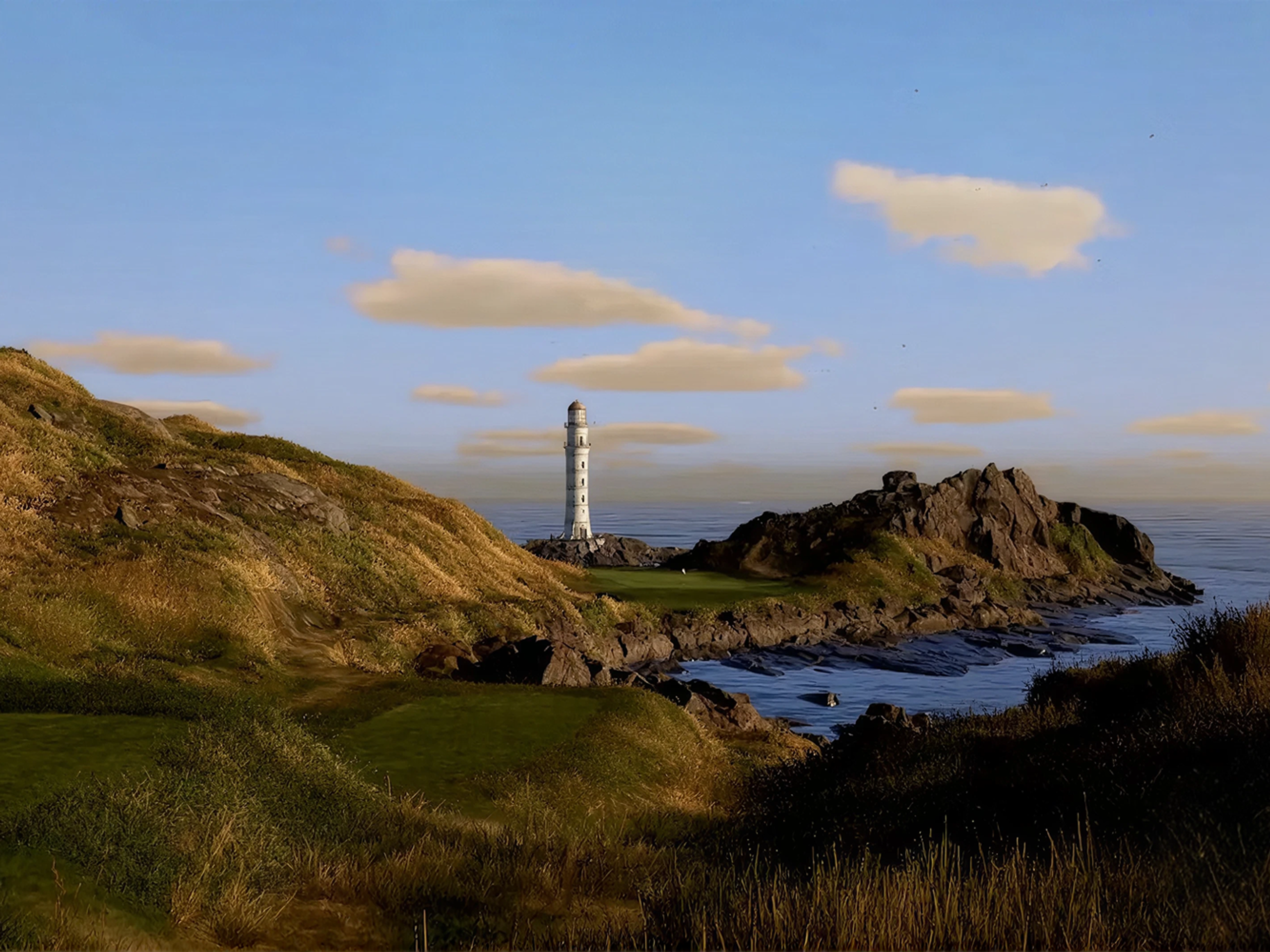 A lighthouse stands on a rocky coastal landscape with grassy hills and the ocean.