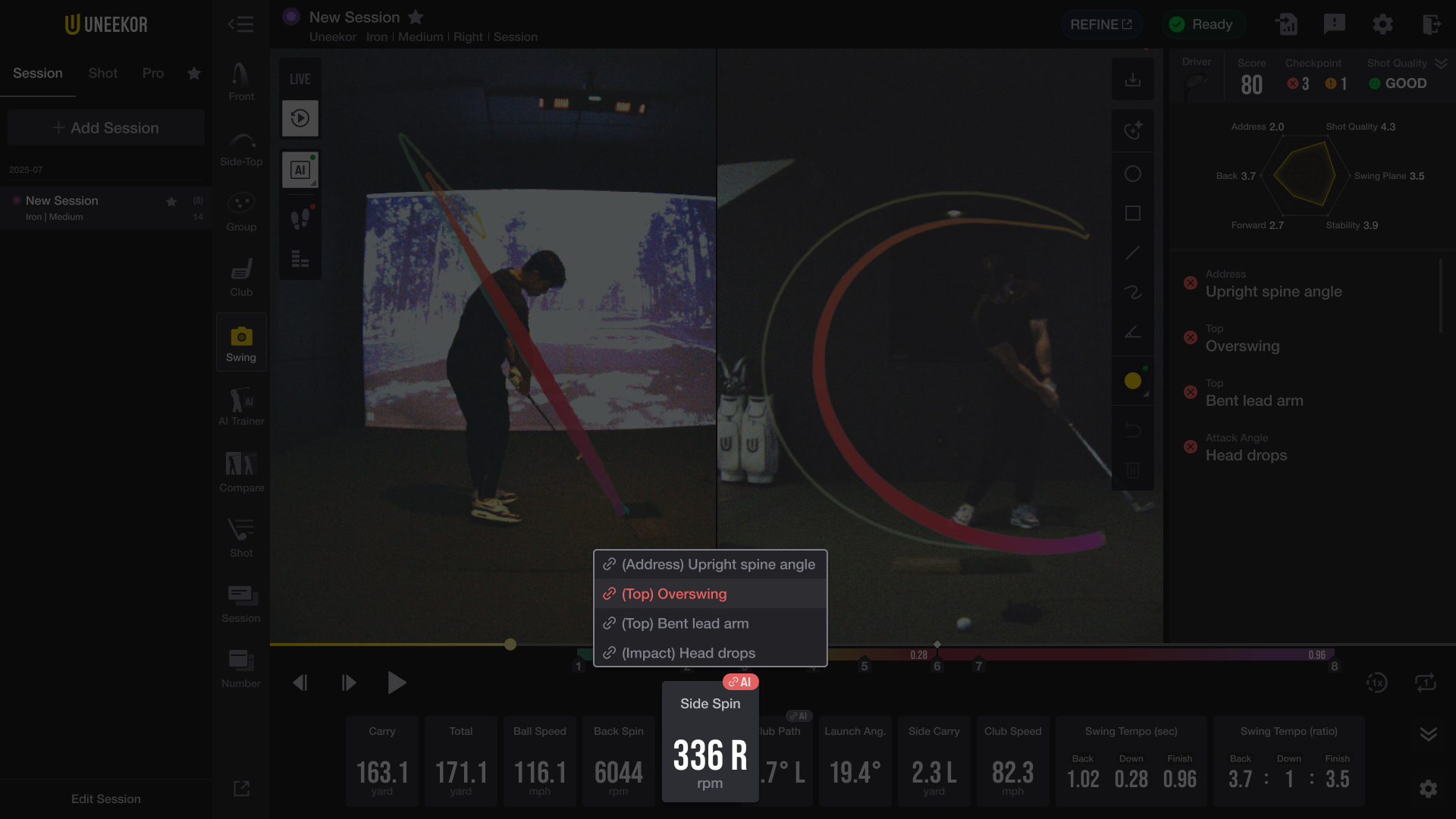 Golf swing analysis software showing a golfer with visual tracking, swing fault feedback (e.g., overswing), and performance metrics.