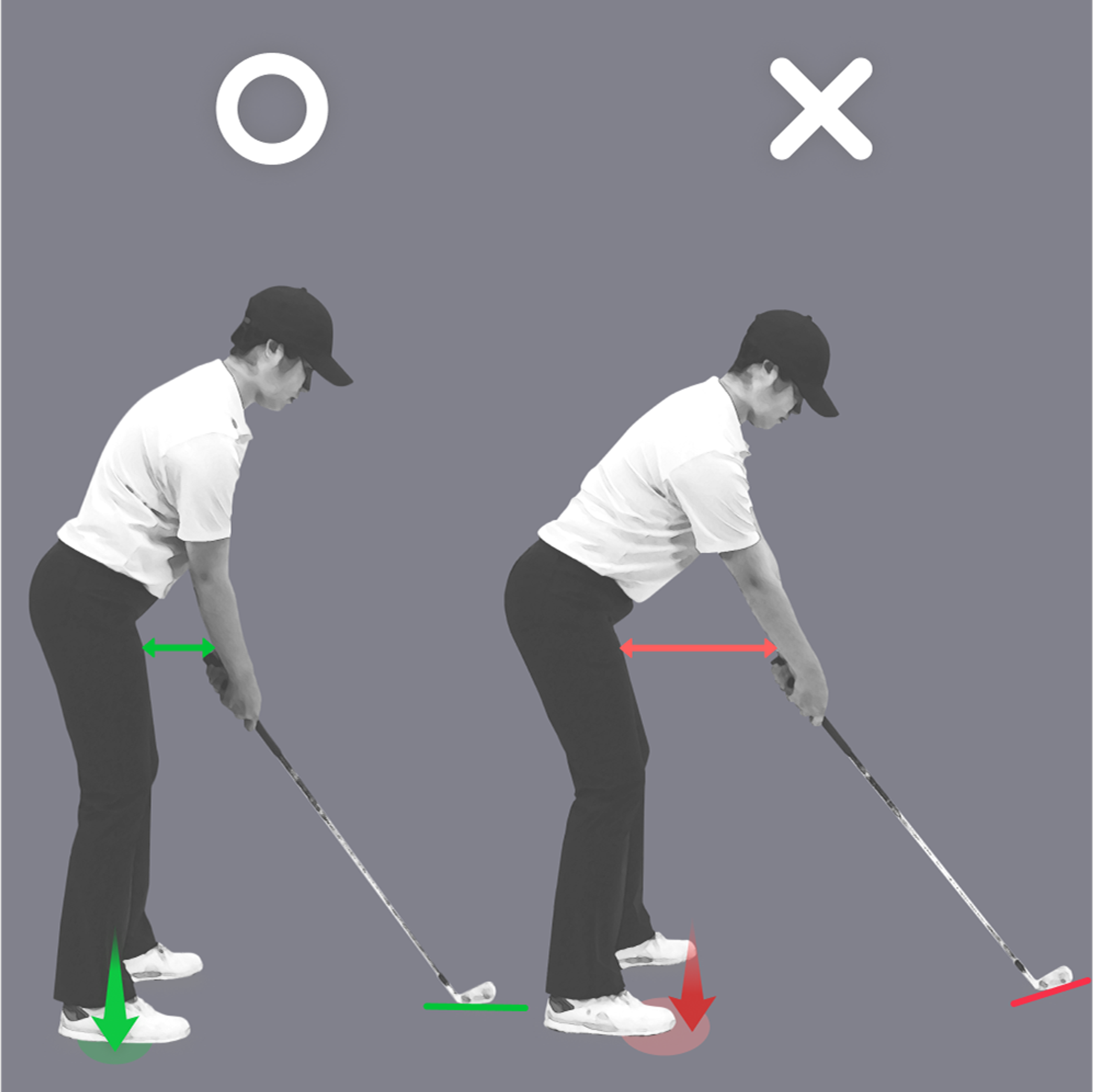 A golf instructional image comparing a correct (left, marked with a circle) and incorrect (right, marked with an X) golf stance. The correct stance shows balanced posture; the incorrect stance is overly bent with weight shifted forward.