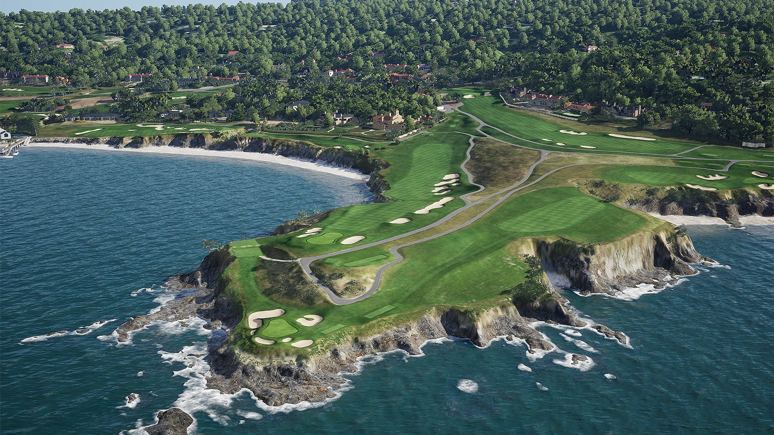 Aerial view of Pebble Beach golf course in GAMEDAY on a rugged coastline with a sandy bay and forested hills.