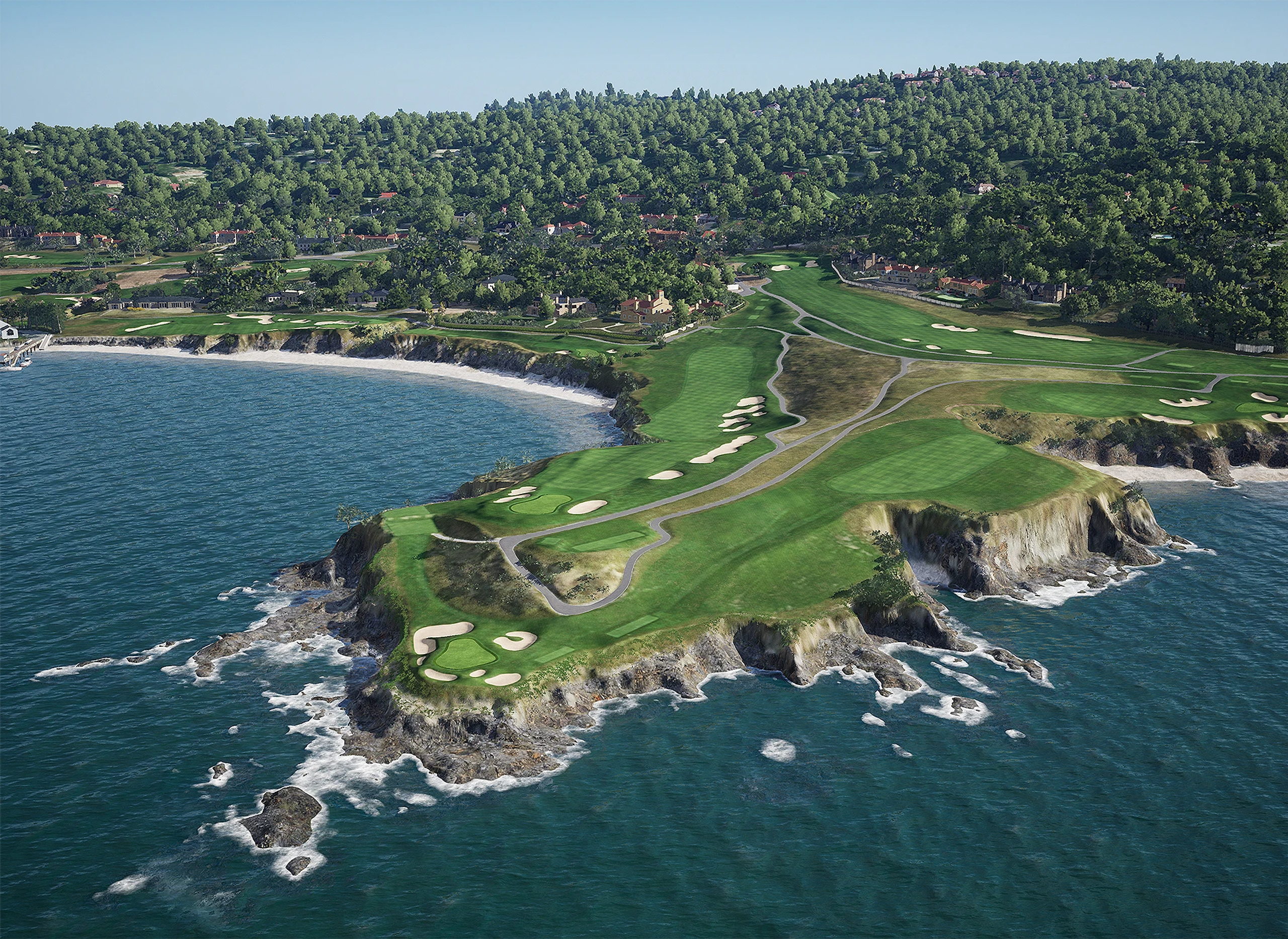 Aerial view of Pebble Beach golf course in GAMEDAY on a rugged coastline with a sandy bay and forested hills.
