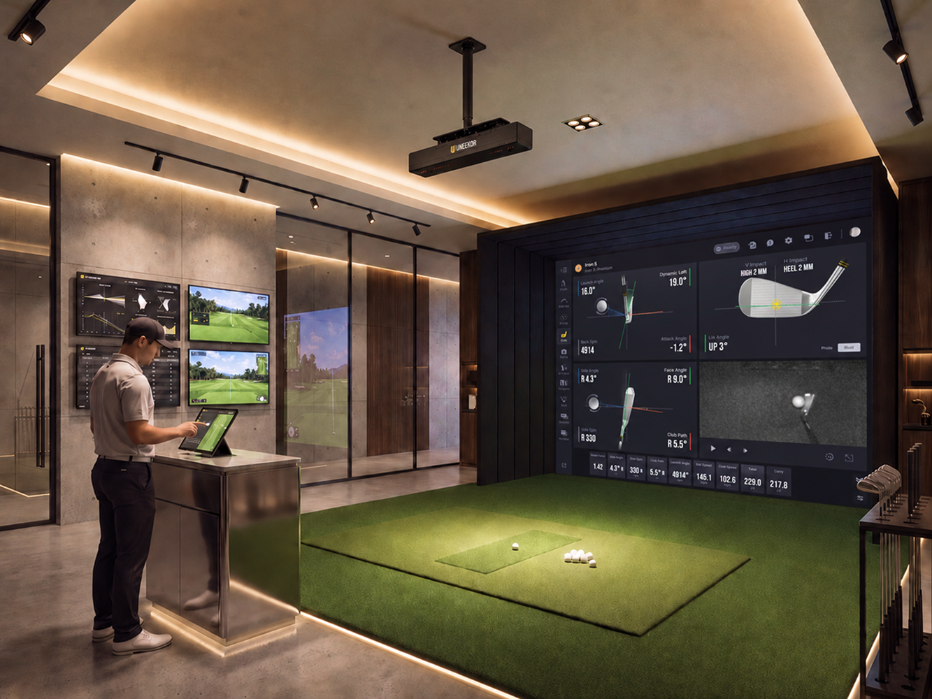 A man operates an indoor golf simulator with a large screen displaying swing data and a virtual golf course, using a tablet at a console.