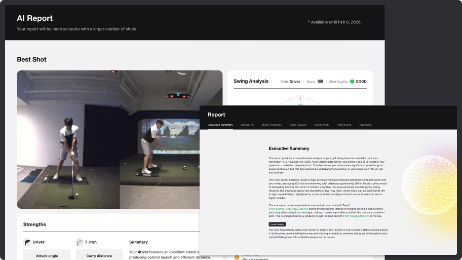 An AI golf report interface showing two video frames of a golfer swinging in a simulator, overlapped by an 'Executive Summary' screen detailing swing analysis results.