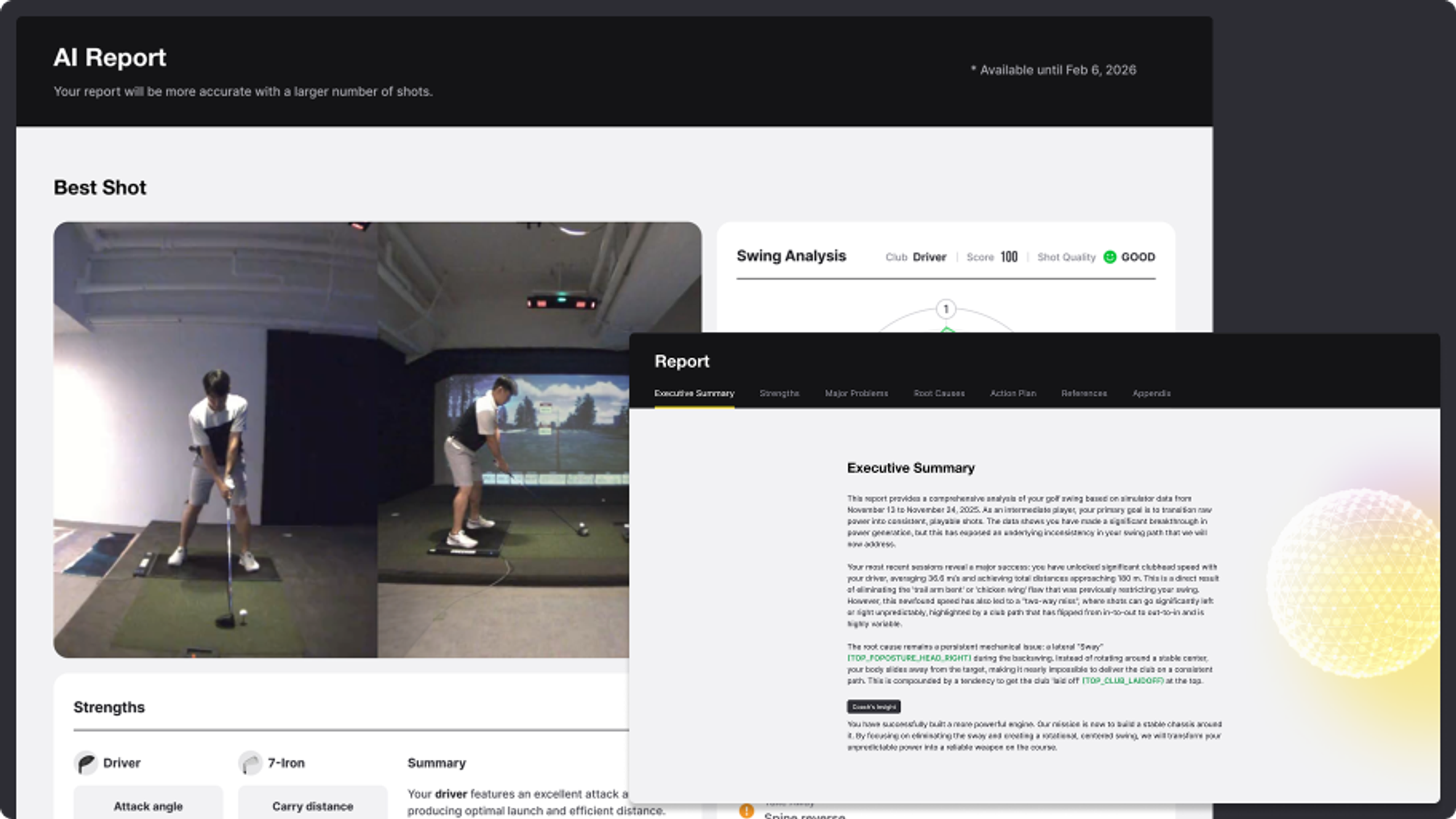 An AI golf report interface showing two video frames of a golfer swinging in a simulator, overlapped by an 'Executive Summary' screen detailing swing analysis results.