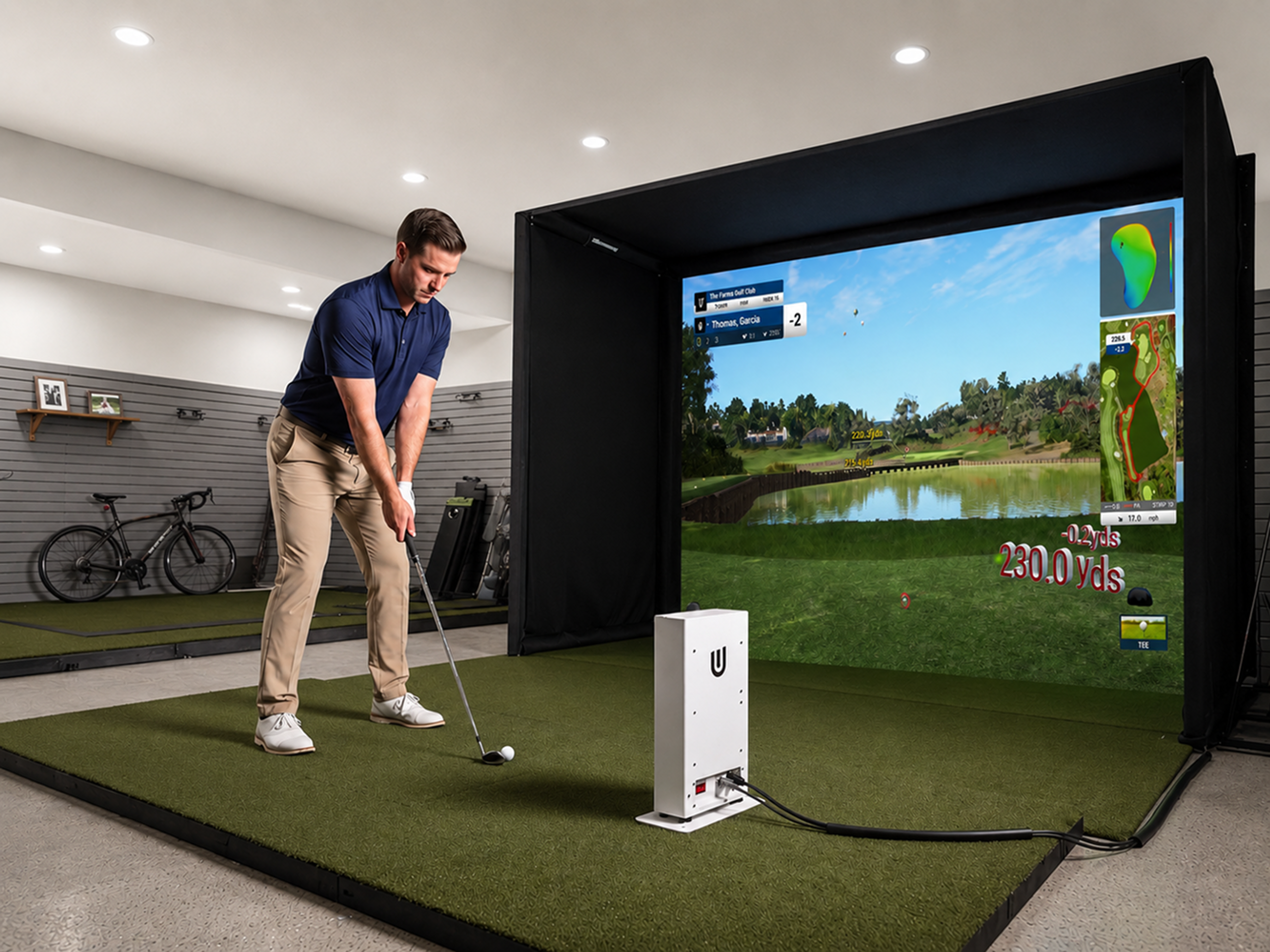 A man prepares to hit a golf ball on an indoor simulator with a virtual course displayed on a large screen.