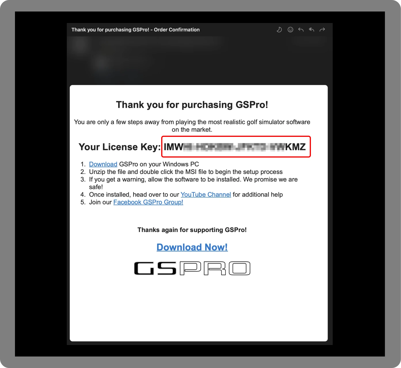 GSPro-orderbekräftelse som visar en suddig licensnyckel och nedladdningsinstruktioner.