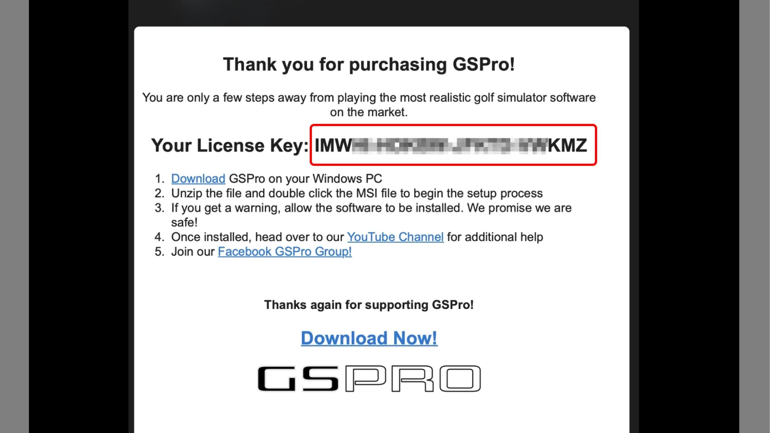 GSPro-orderbekräftelse som visar en suddig licensnyckel och nedladdningsinstruktioner.