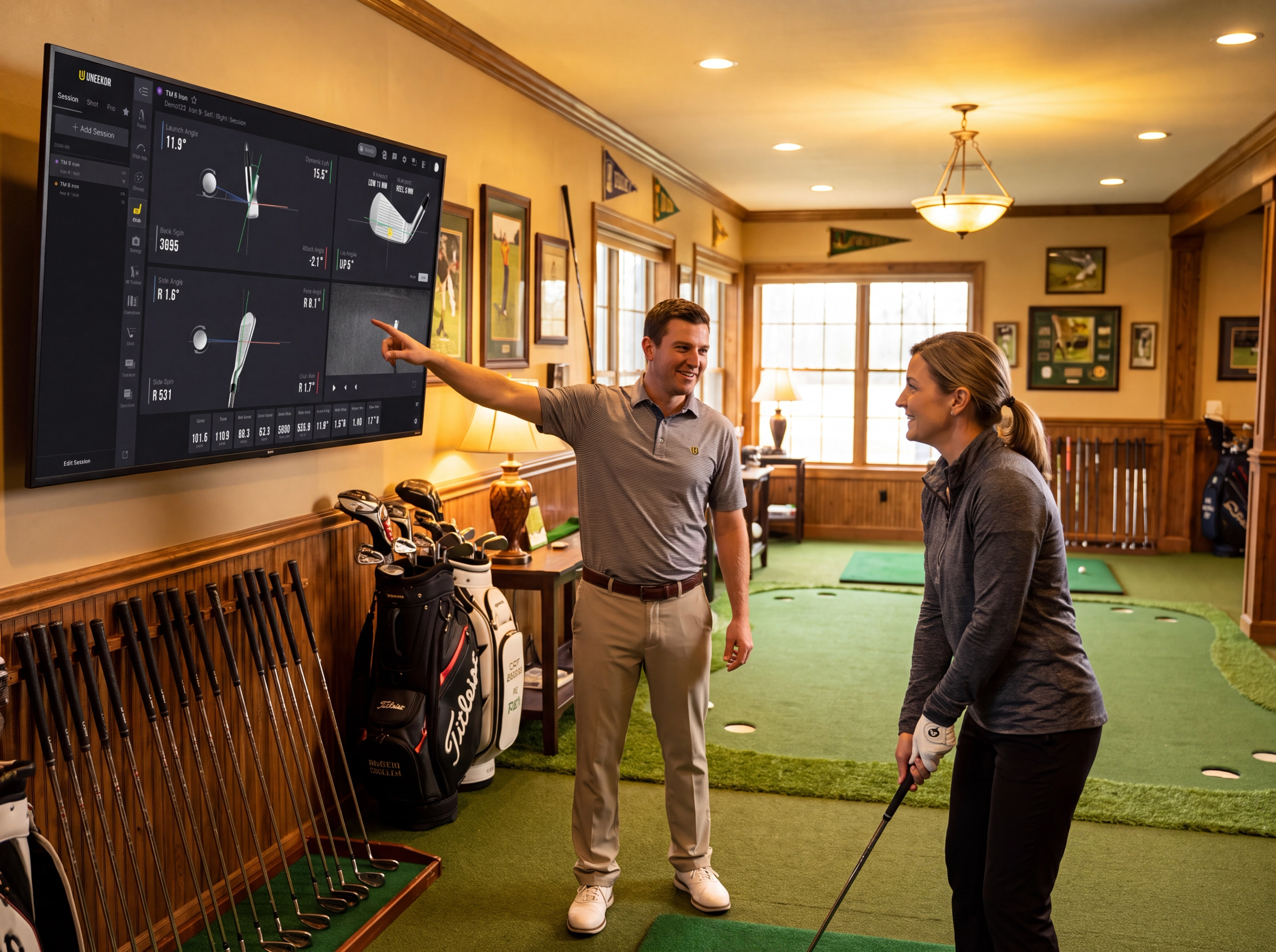 A man points to golf swing data on a large screen while a woman holds a golf club on an indoor putting green.