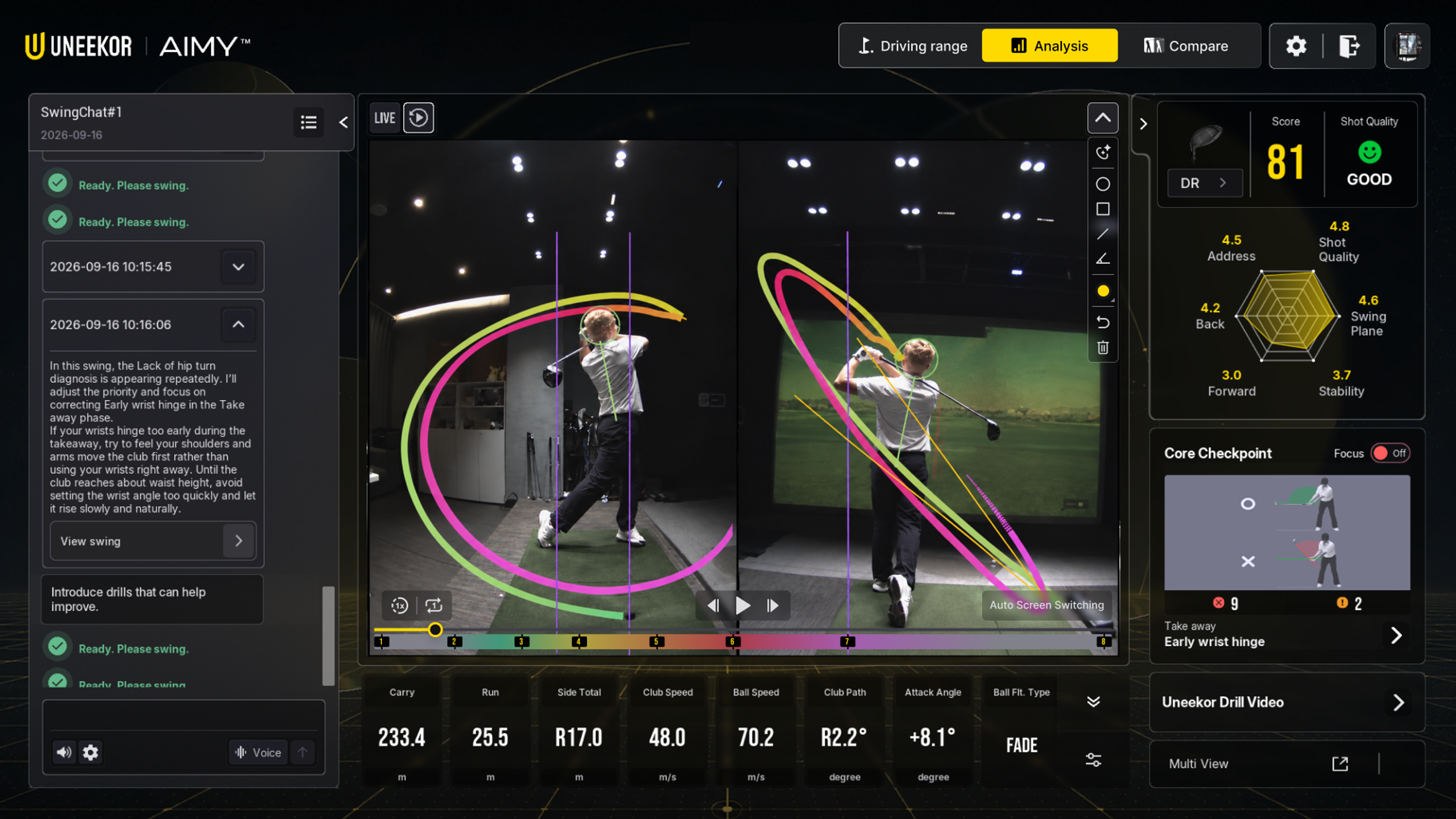 A golf swing analysis software interface with a split screen of a golfer's swing, overlaid with colorful arcs, alongside swing advice, scores, and various golf metrics.