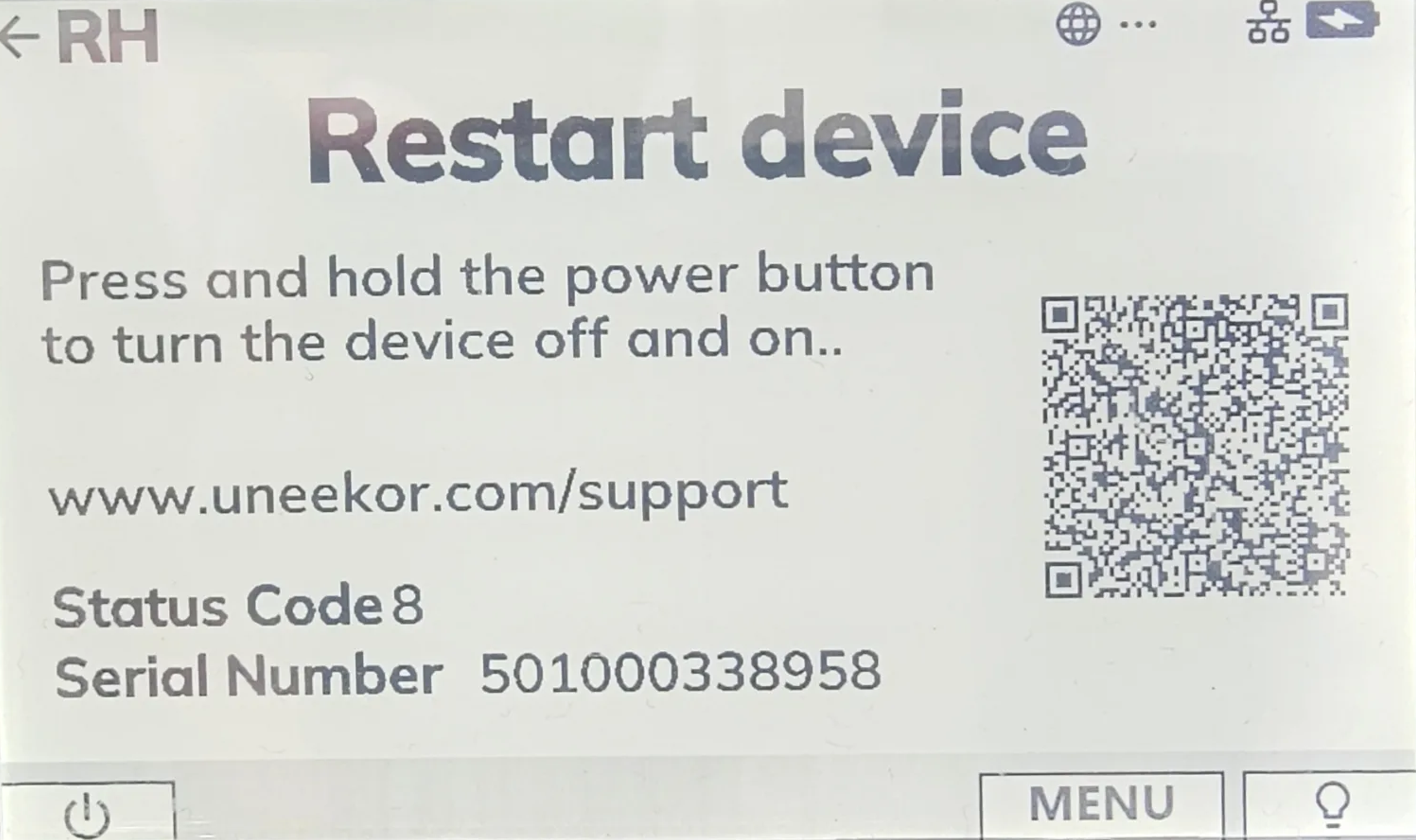 A device screen displaying "Restart device" instructions, a QR code, Uneekor support URL, Status Code 8, and Serial Number 501000338958.