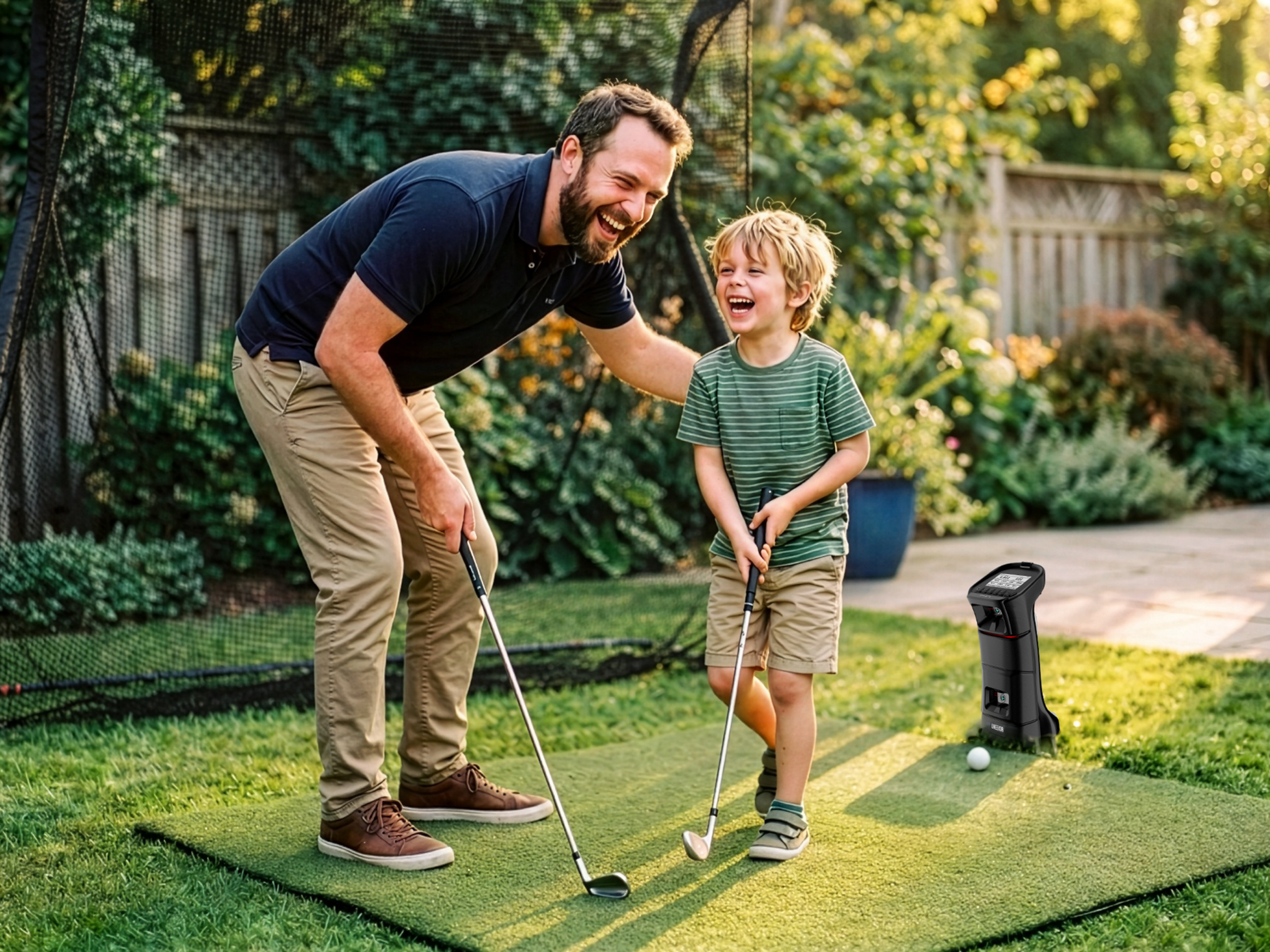 A man and a young boy laugh while golfing together in a backyard with a golf launch monitor.