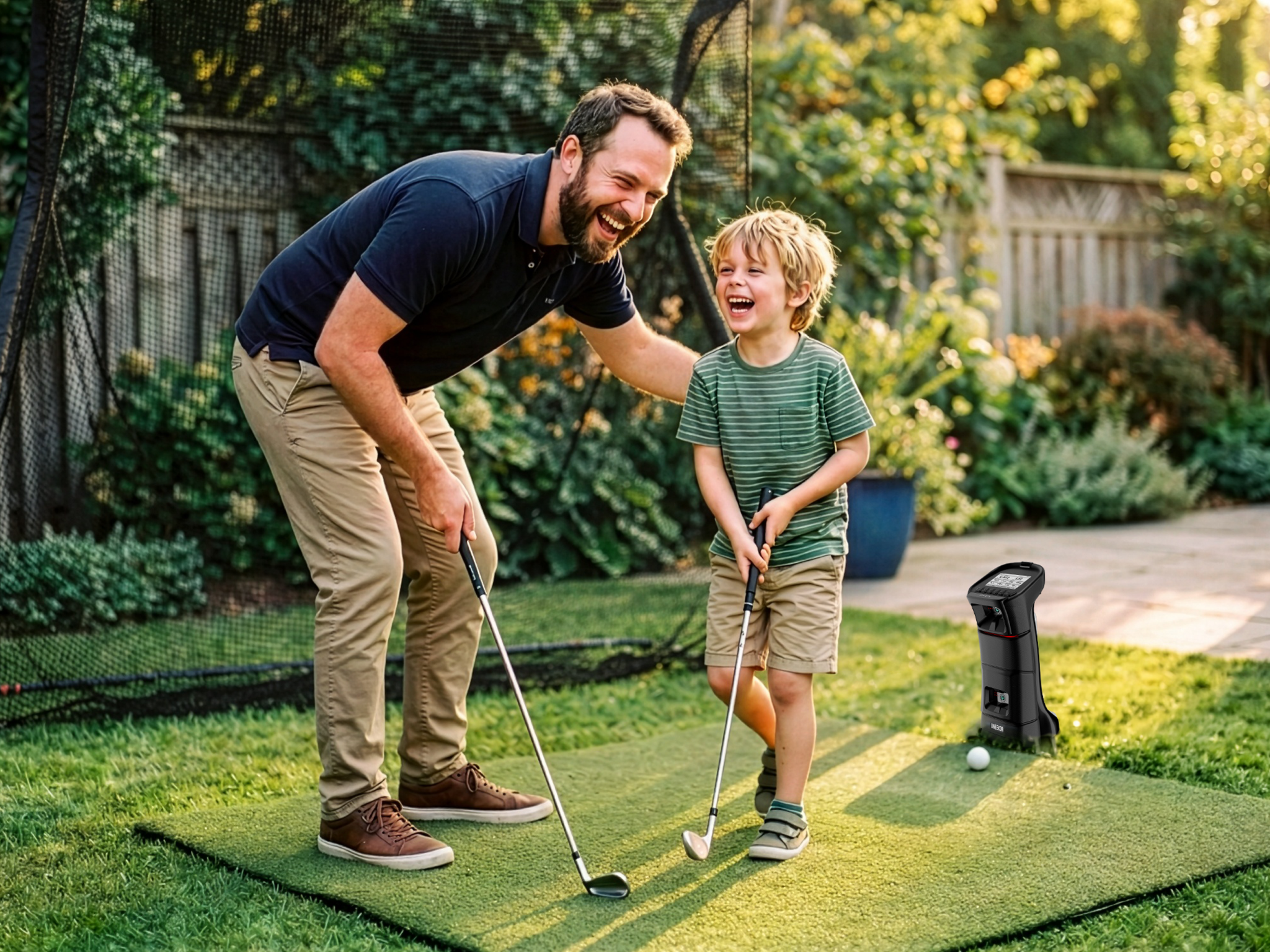 A man and a young boy laugh while golfing together in a backyard with a golf launch monitor.