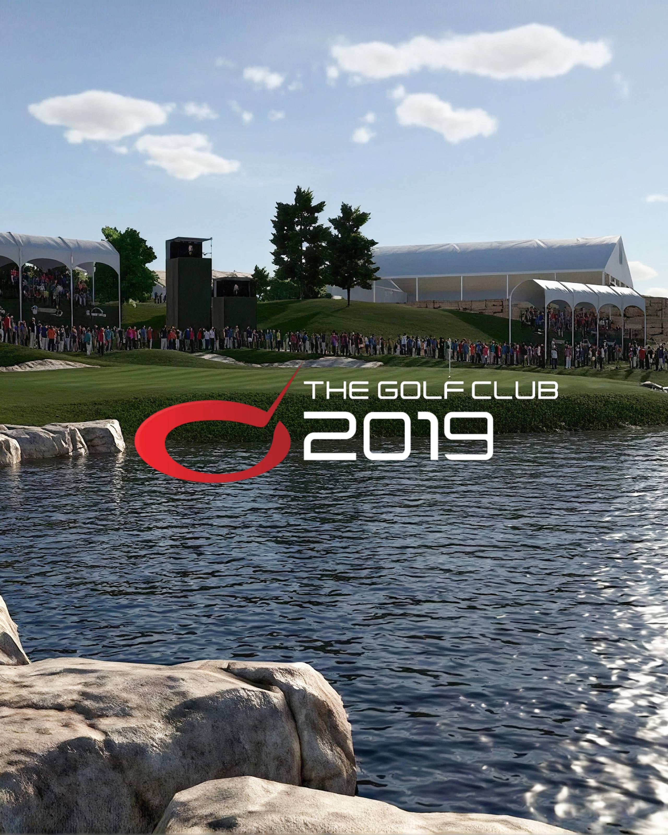 The Golf Club 2019 logo over a golf course scene with water, rocks, spectators, and large white tents.