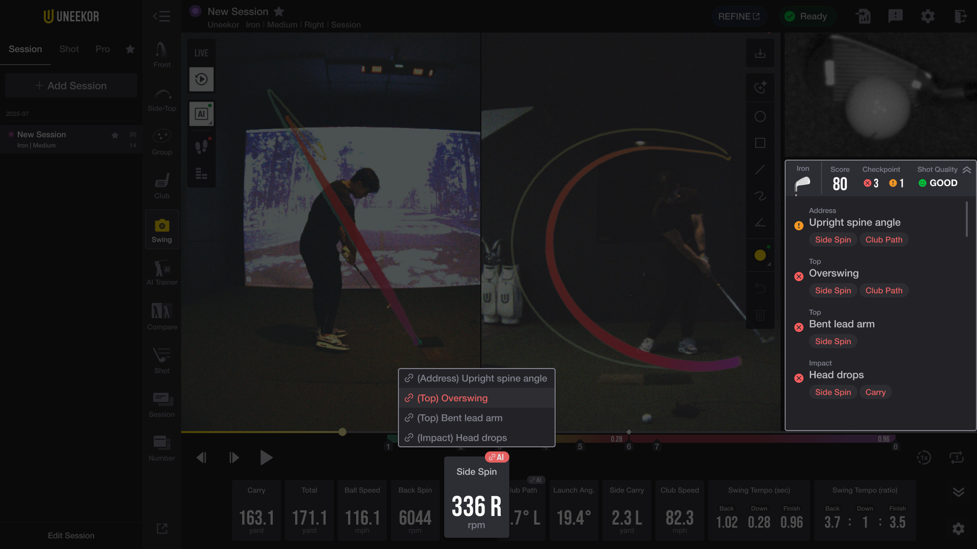 Golf swing analysis software interface displaying a golfer's swing with diagnostic overlays, performance metrics, and a list of swing faults.