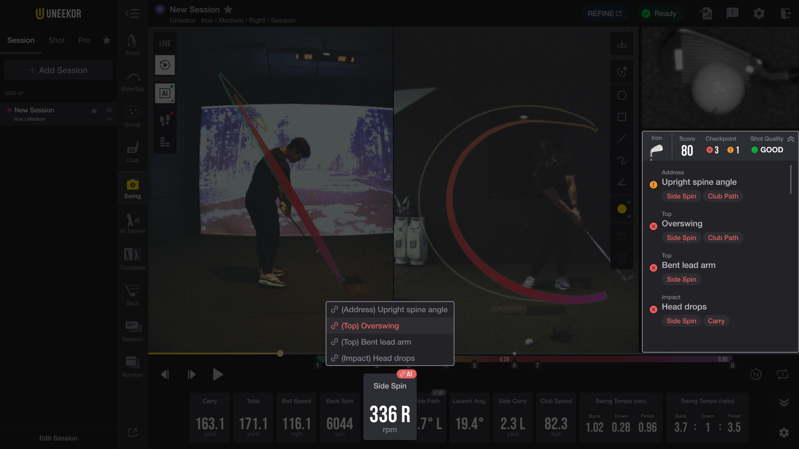 Golf swing analysis software interface displaying a golfer's swing with diagnostic overlays, performance metrics, and a list of swing faults.