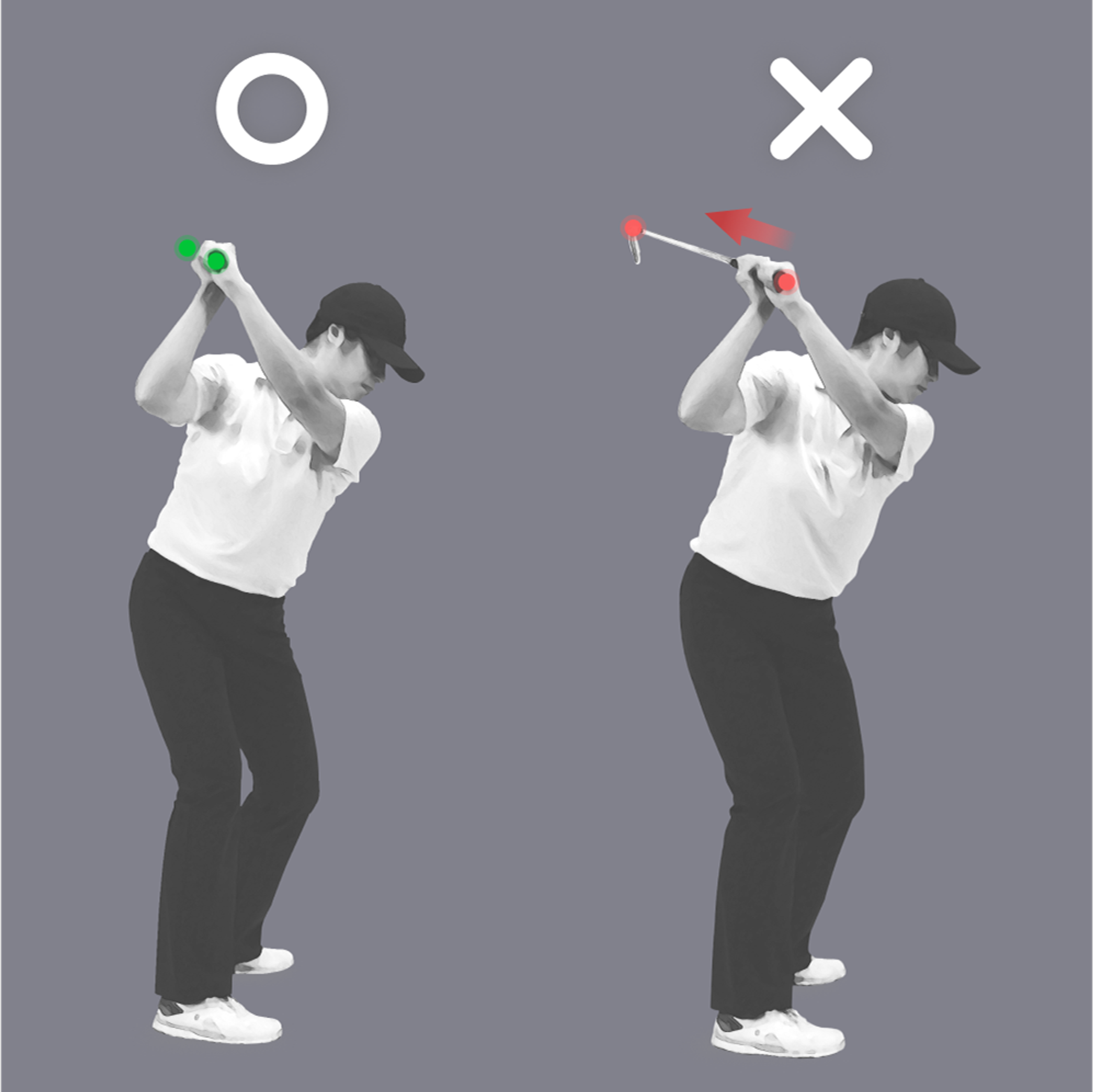 Comparison of a golfer's backswing showing a correct club position on the left and an overswing on the right.