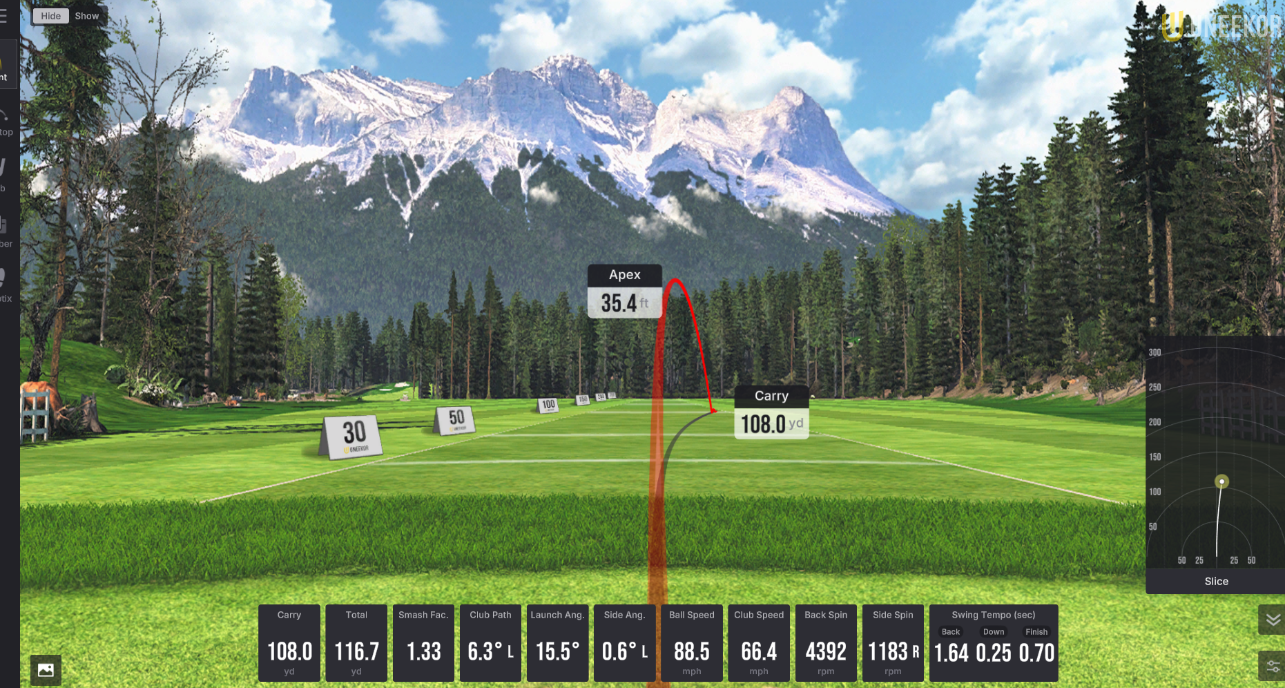 Golf simulator screen displaying a driving range with a ball trajectory showing Apex 35.4 ft and Carry 108.0 ft, plus various shot metrics and a "Slice" indicator.