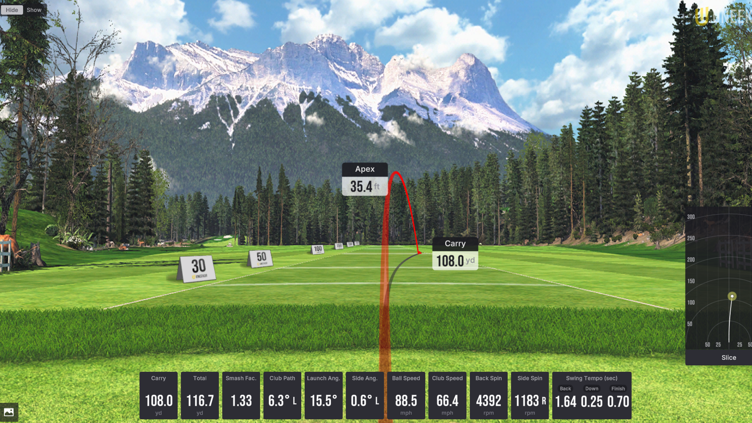 Golf simulator screen displaying a driving range with a ball trajectory showing Apex 35.4 ft and Carry 108.0 ft, plus various shot metrics and a "Slice" indicator.