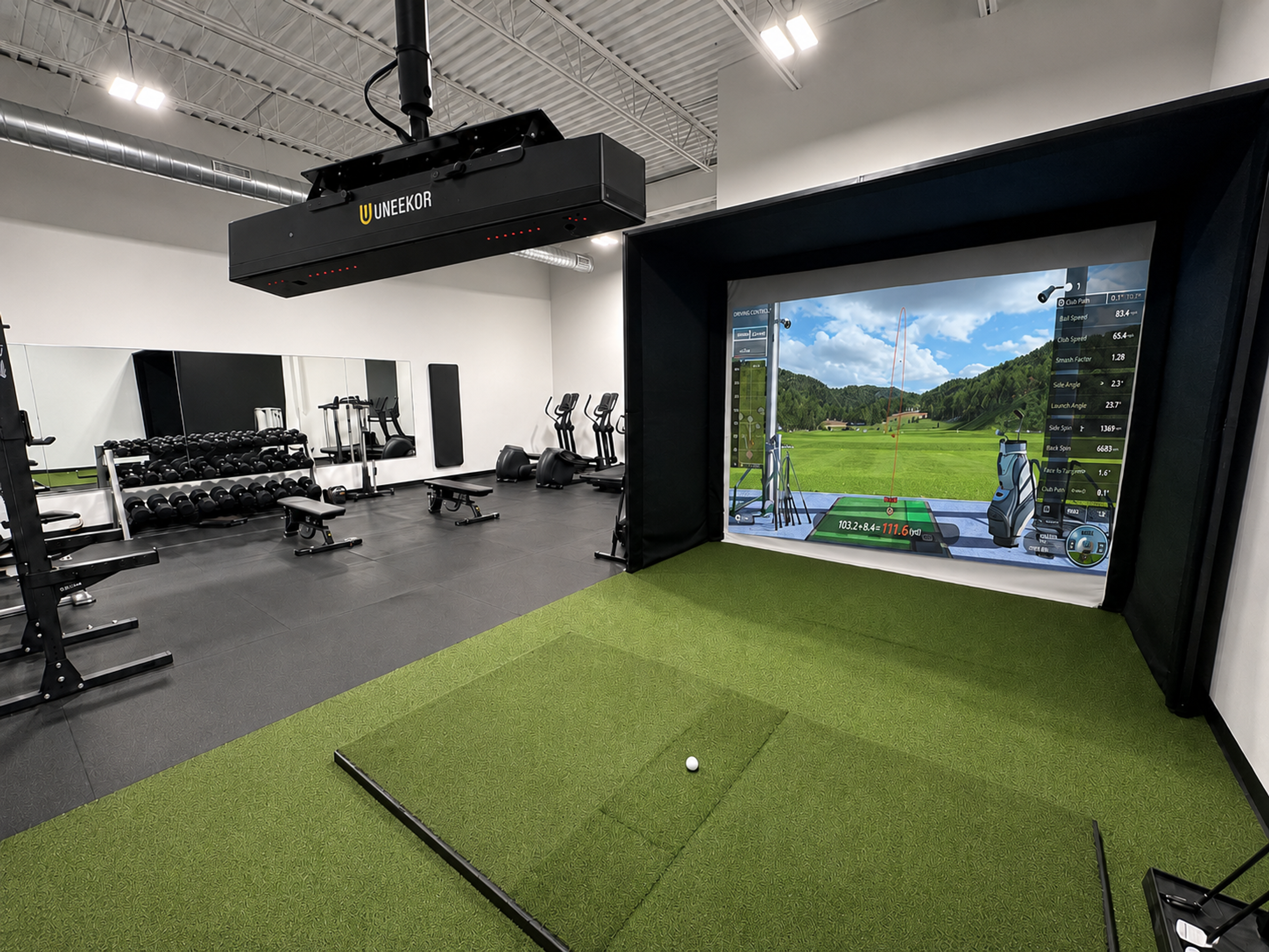 Indoor gym with a golf simulator on one side and weights and exercise machines on the other.