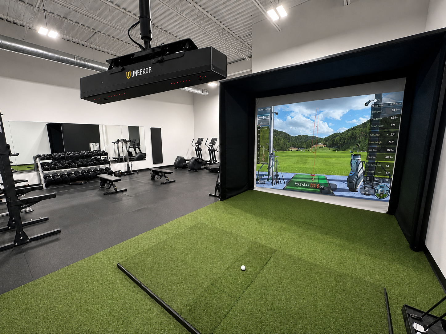 Indoor gym with a golf simulator on one side and weights and exercise machines on the other.