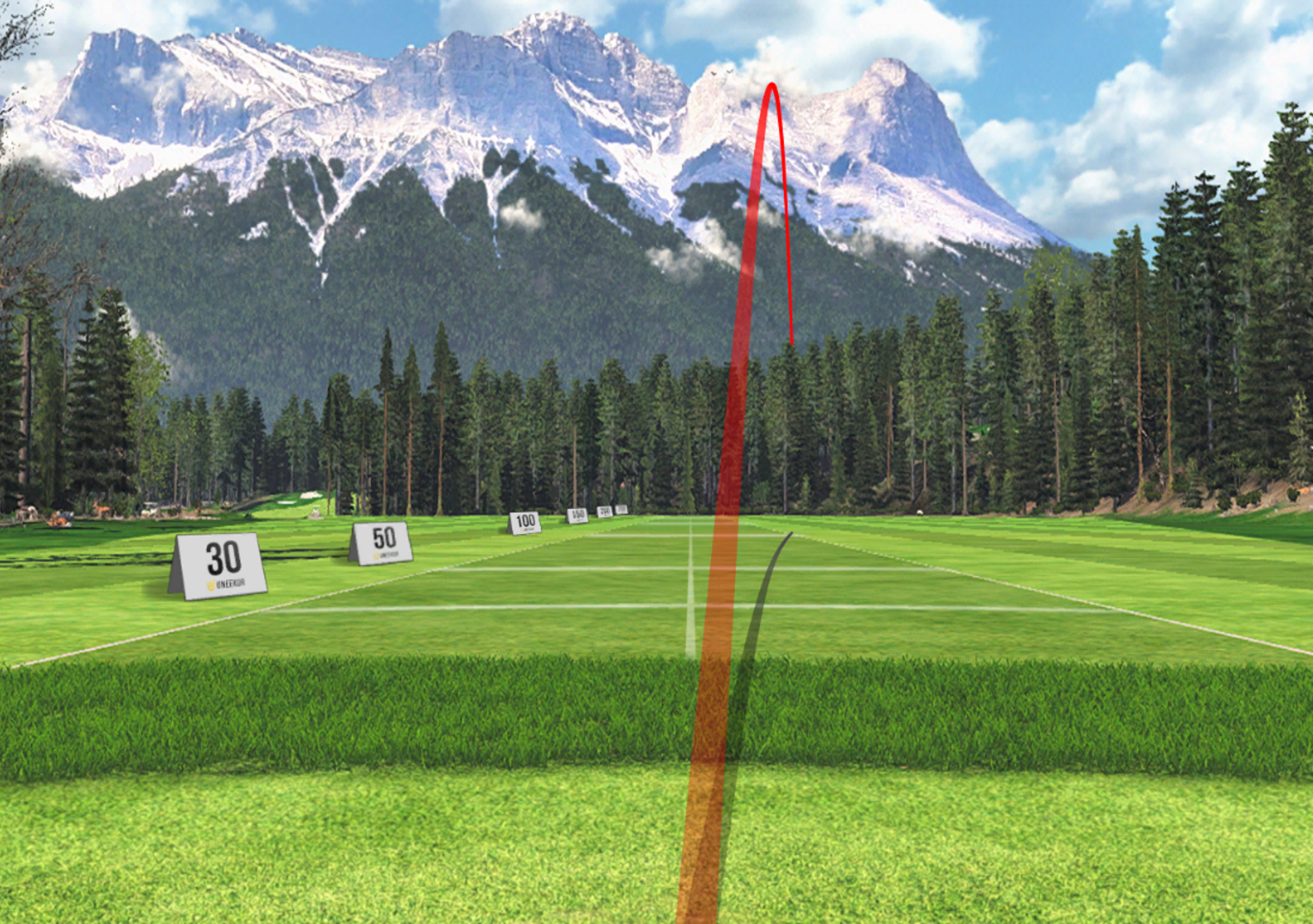 Golf simulator screen displaying a golf shot's trajectory over a virtual driving range with performance data.