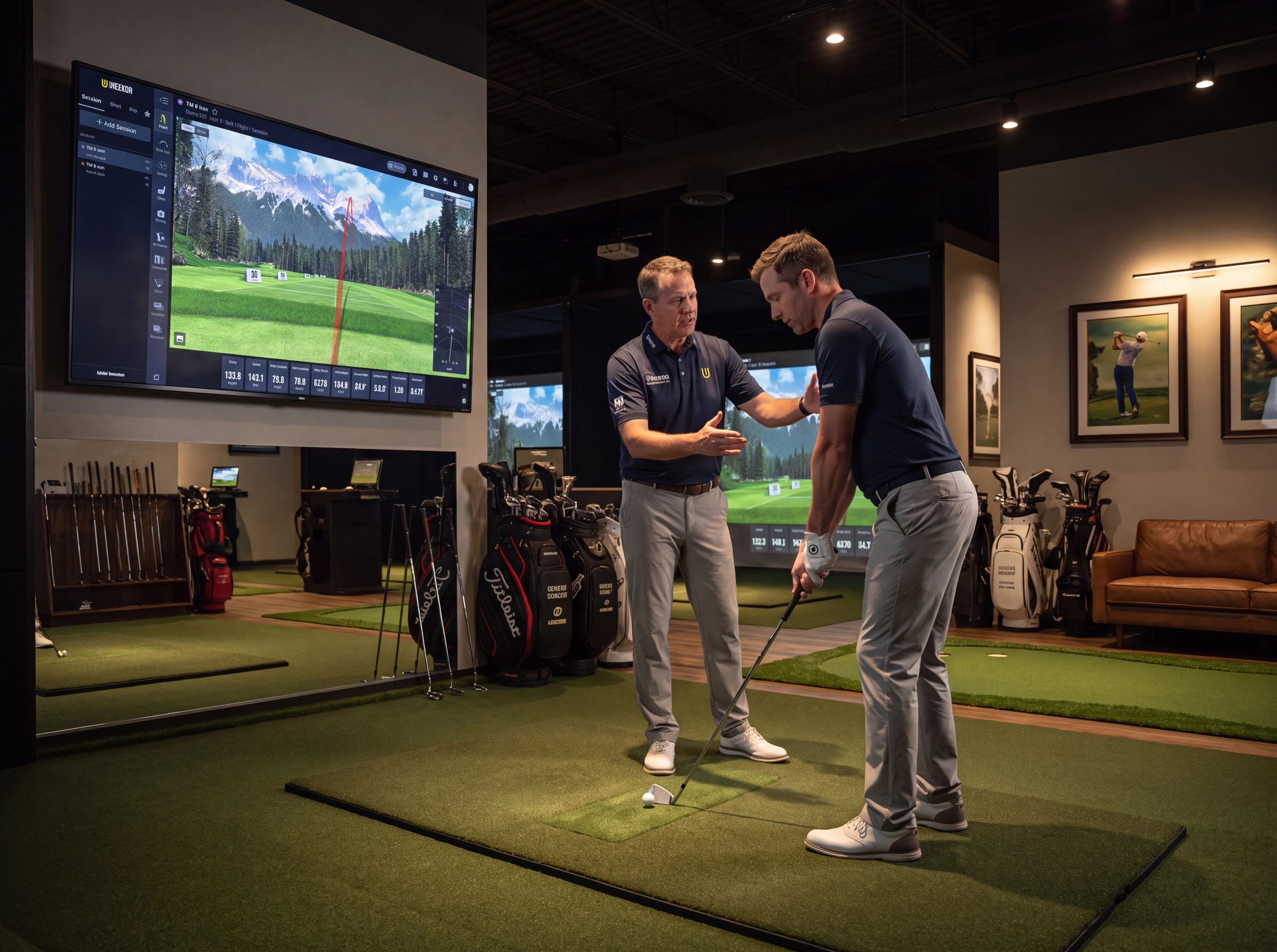 A golf instructor coaches a golfer in an indoor simulator, with a virtual golf course on a large screen.