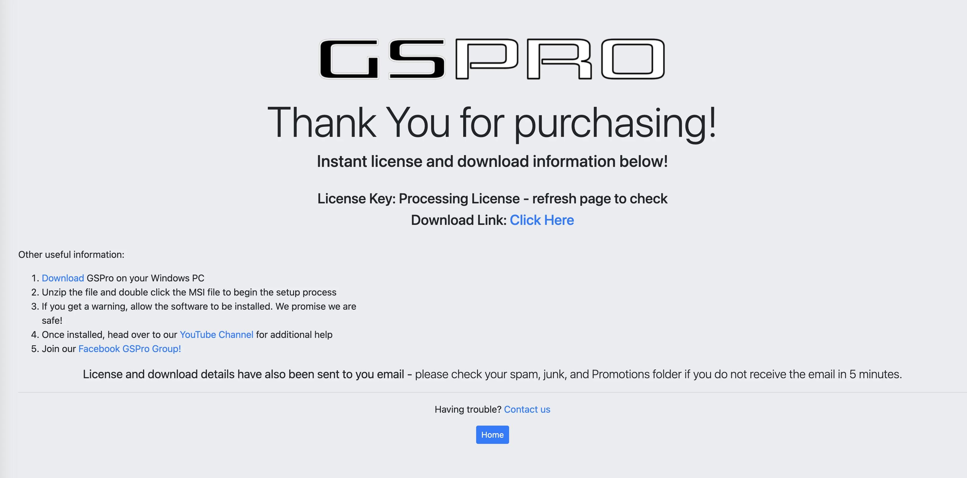 GSPros sida ”Tack för ditt köp!” med nedladdnings- och licensinformation, installationsanvisningar och supportlänkar.