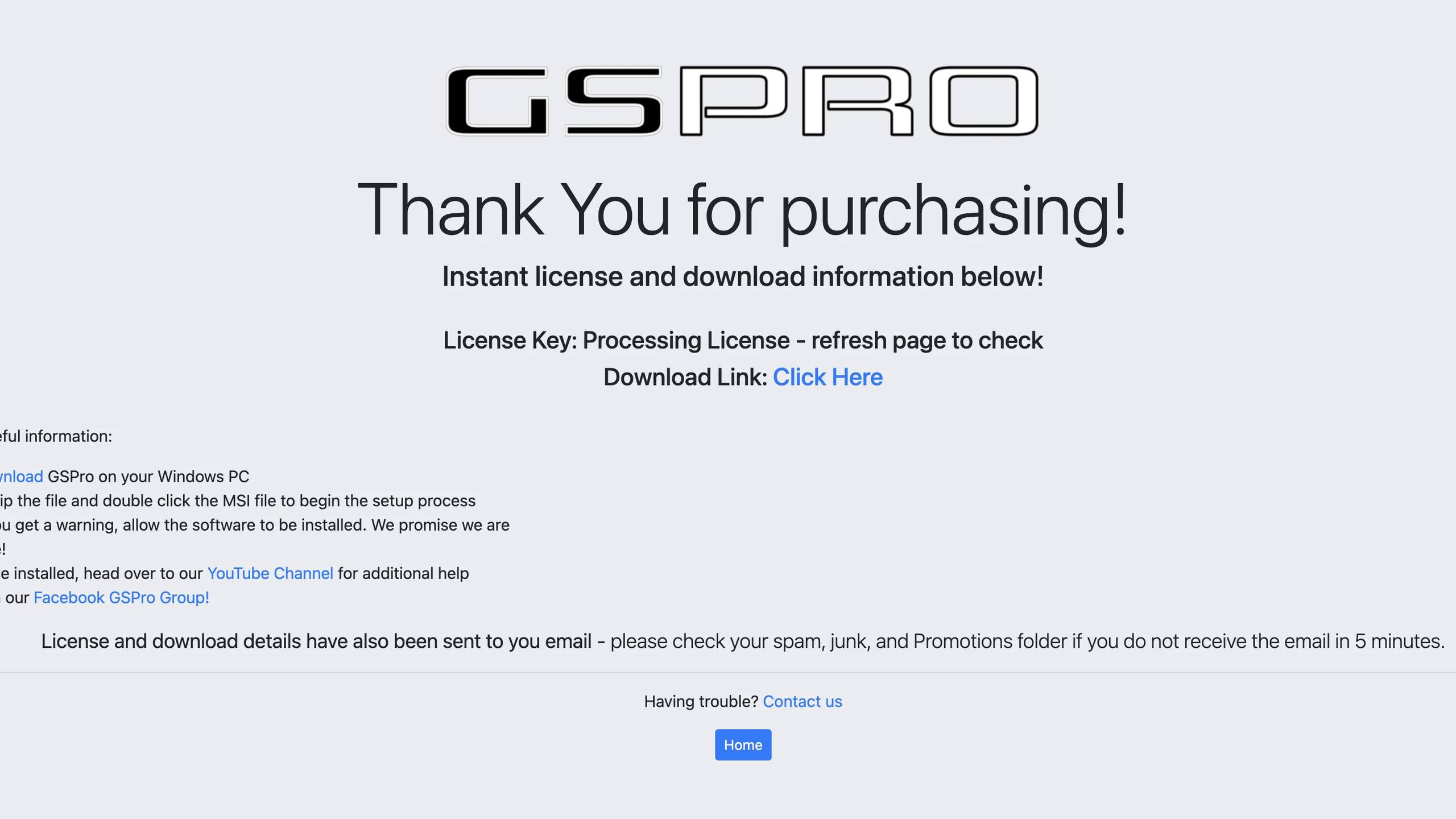 GSPros sida ”Tack för ditt köp!” med nedladdnings- och licensinformation, installationsanvisningar och supportlänkar.