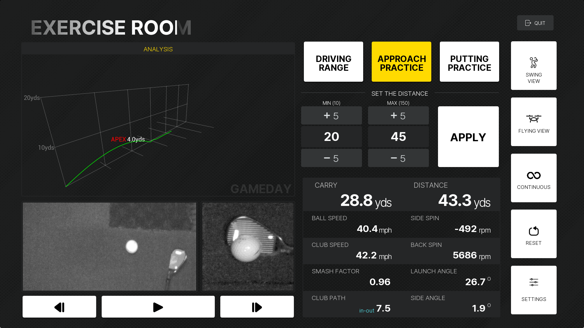 Interface de simulateur de golf affichant l’analyse « Entraînement aux coups d’approche », avec un graphique de trajectoire, une balle et un club présentés dans deux vues en niveaux de gris, ainsi que des données détaillées sur le coup, telles que la portée, la distance et l’effet.