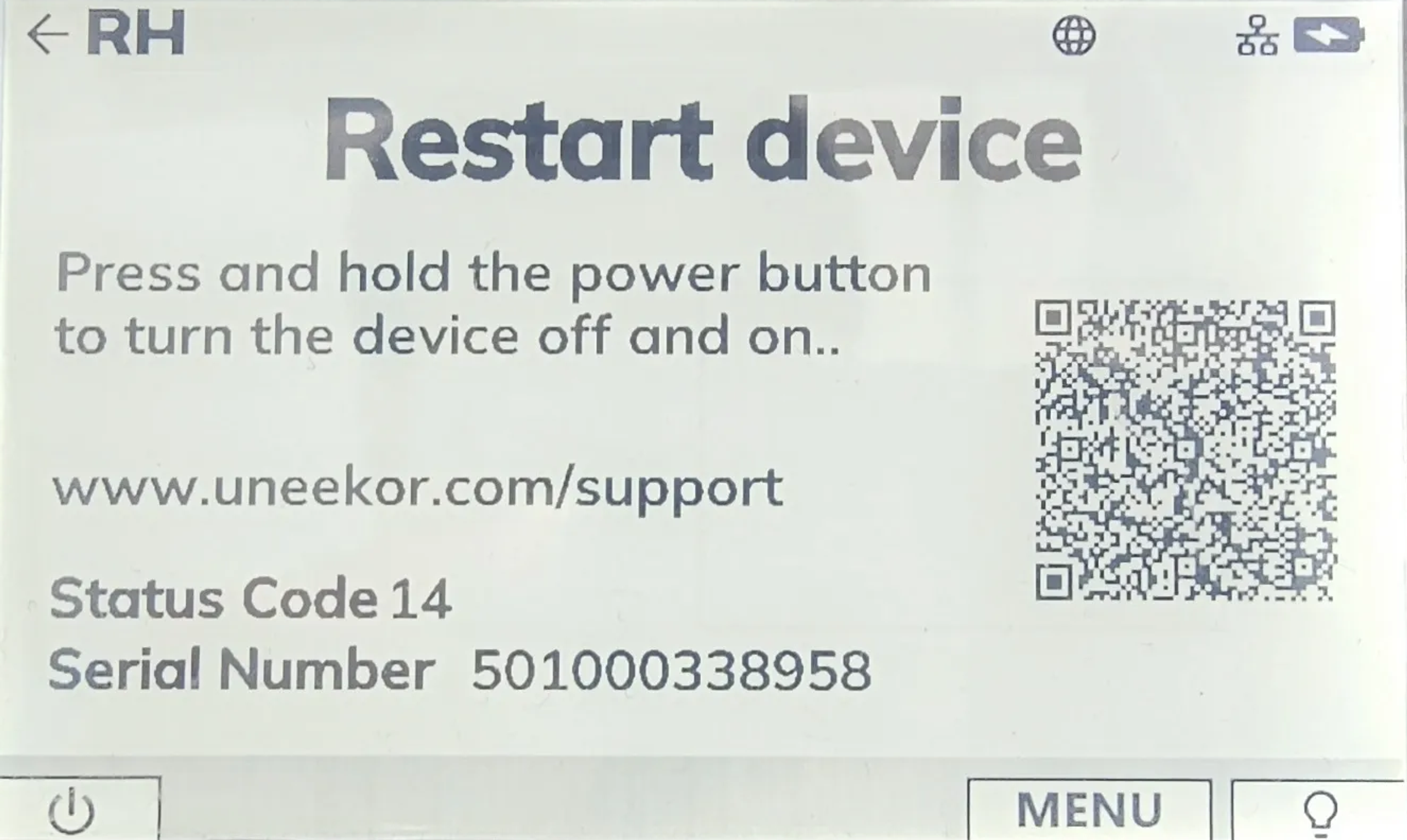 A screen displaying "Restart device" instructions: "Press and hold the power button to turn the device off and on..". Also shows uneekor.com/support, Status Code 14, Serial Number 501000338958, and a QR code.