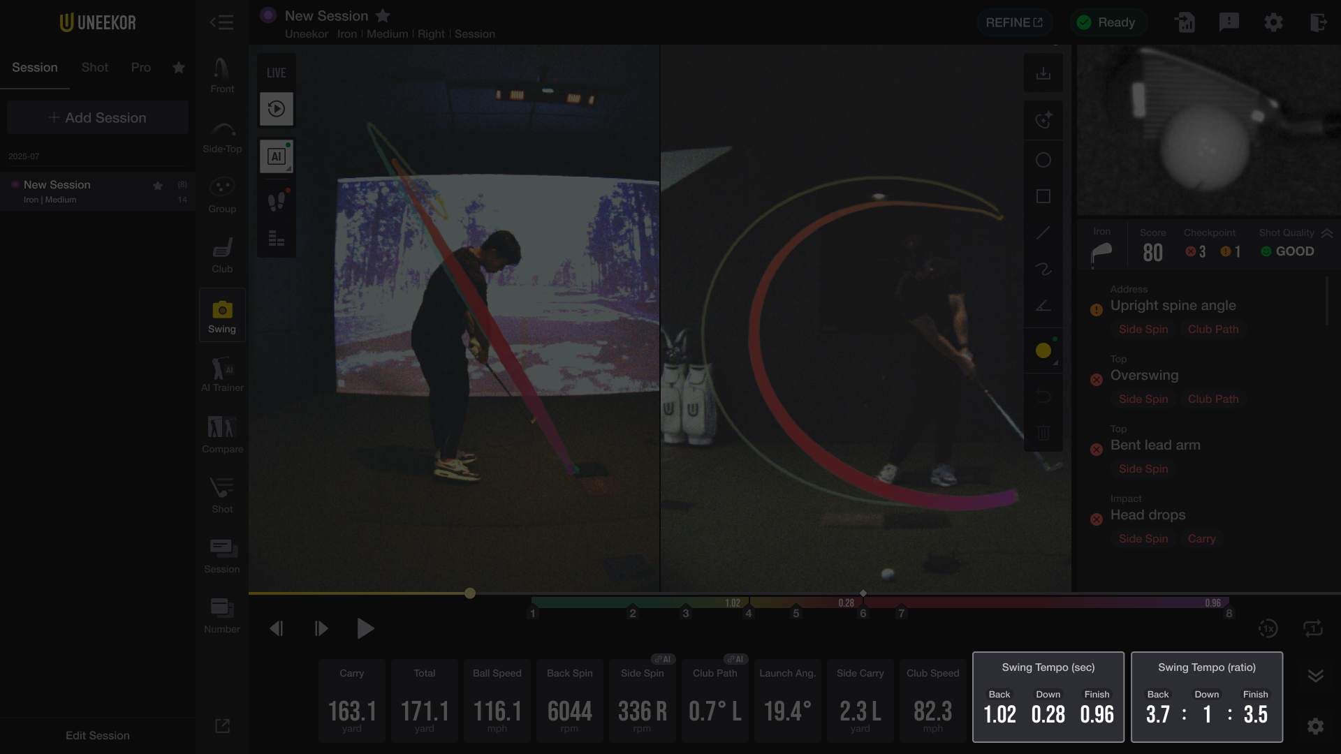 A golf simulator interface displaying a golfer's swing analysis with two views, swing data, and visible 'Swing Tempo' metrics.