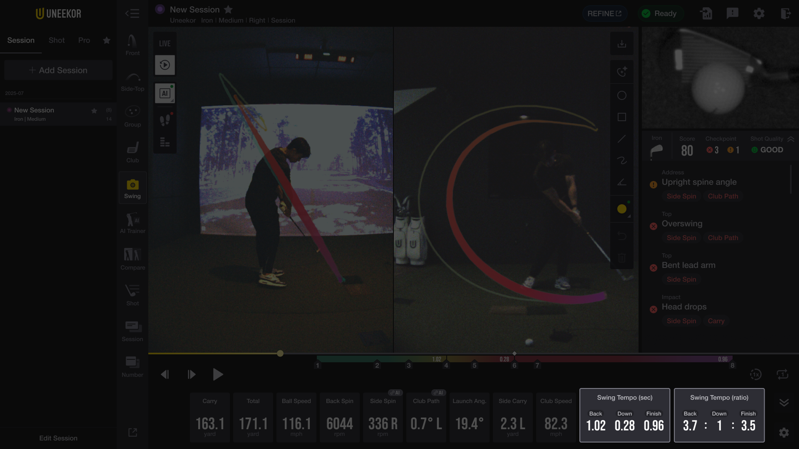 A golf simulator interface displaying a golfer's swing analysis with two views, swing data, and visible 'Swing Tempo' metrics.
