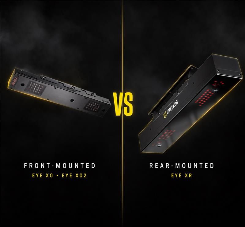 Comparison of Uneekor's front-mounted EYE XO/XO2 and rear-mounted EYE XR golf launch monitors.