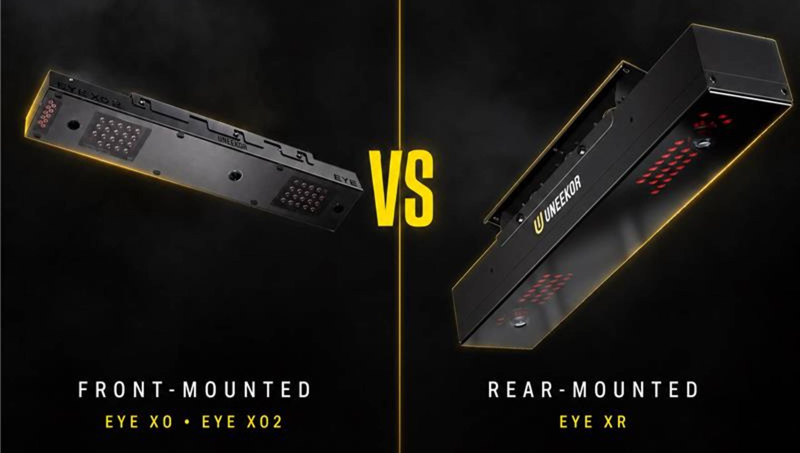 Comparison of Uneekor's front-mounted EYE XO/XO2 and rear-mounted EYE XR golf launch monitors.