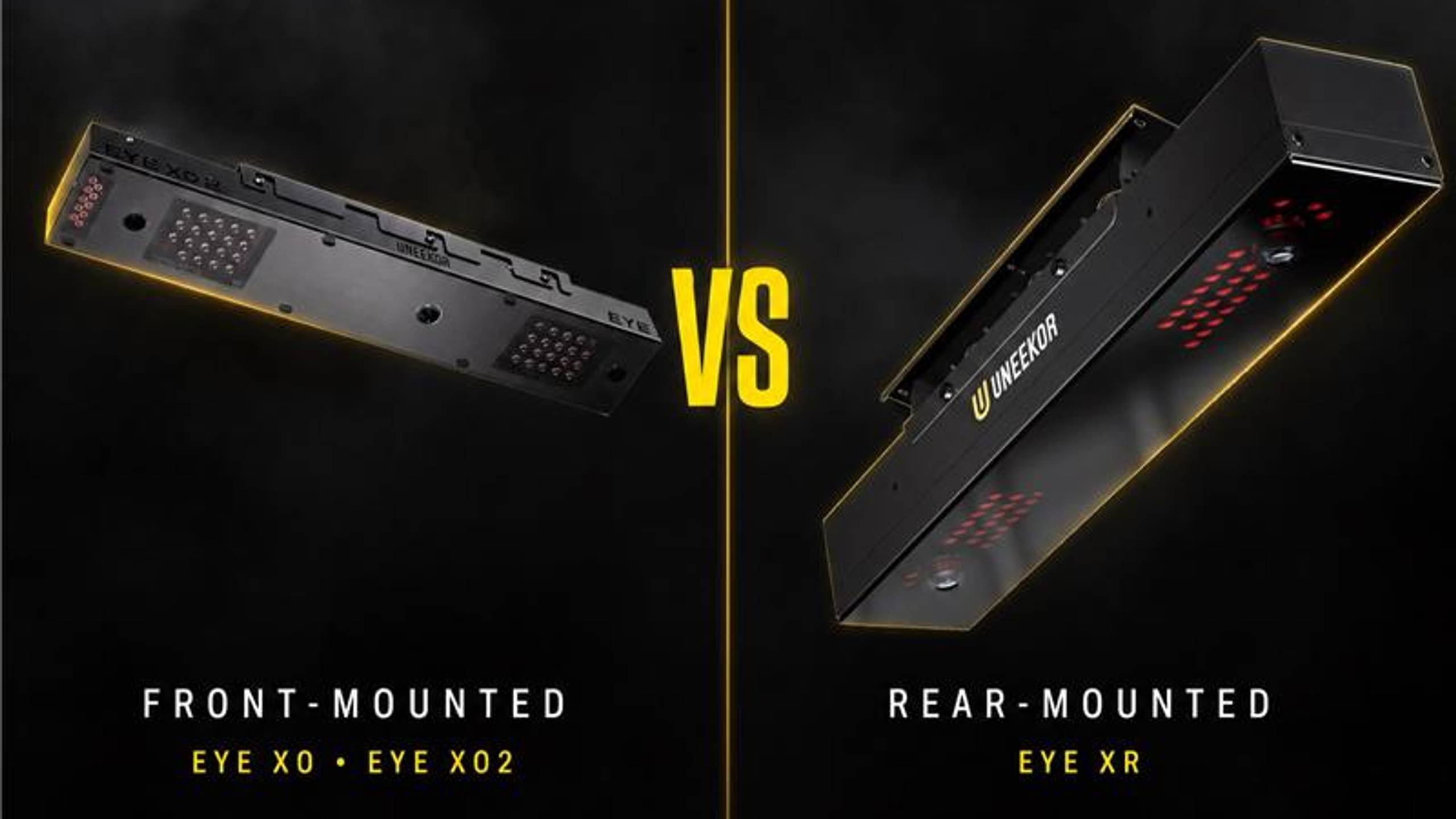 Comparison of Uneekor's front-mounted EYE XO/XO2 and rear-mounted EYE XR golf launch monitors.