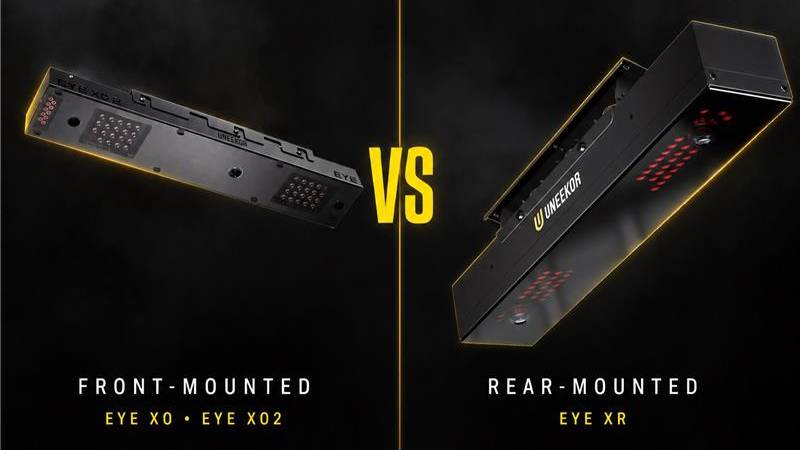 Comparison of Uneekor's front-mounted EYE XO/XO2 and rear-mounted EYE XR golf launch monitors.