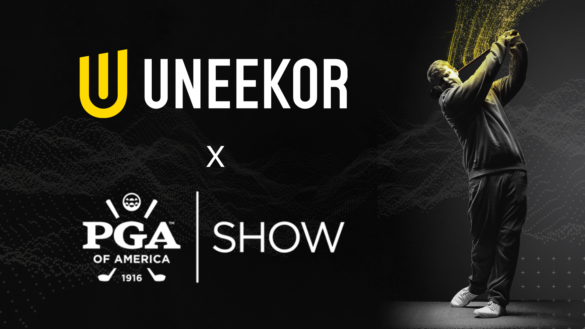 Uneekor and PGA Show collaboration graphic featuring a golfer with a dynamic golden swing.