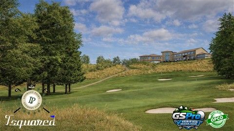 A golf course with green fairways, sand traps, and a clubhouse on a distant hill, overlaid with logos for Lookout Point Country Club and GSPro.