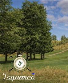 A golf course with green fairways, sand traps, and a clubhouse on a distant hill, overlaid with logos for Lookout Point Country Club and GSPro.