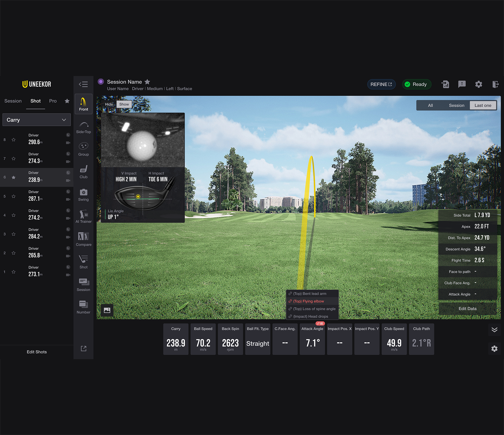 A golf simulator interface displaying a virtual golf course with a yellow shot trajectory, impact data overlays, and various golf metrics.
