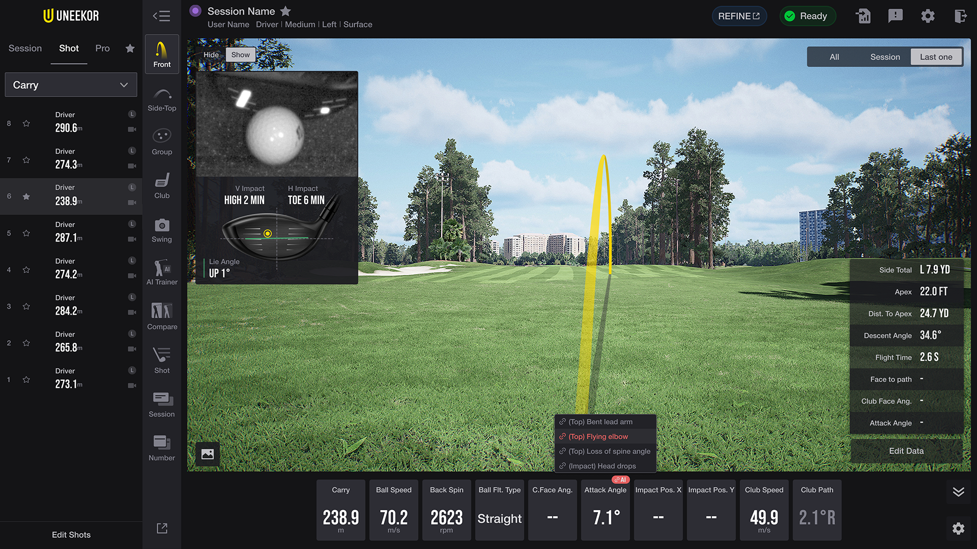 A golf simulator screen displaying a virtual golf course with a yellow ball flight path, a close-up of a golf ball and driver club, and detailed shot statistics including carry distance, ball speed, and backspin.