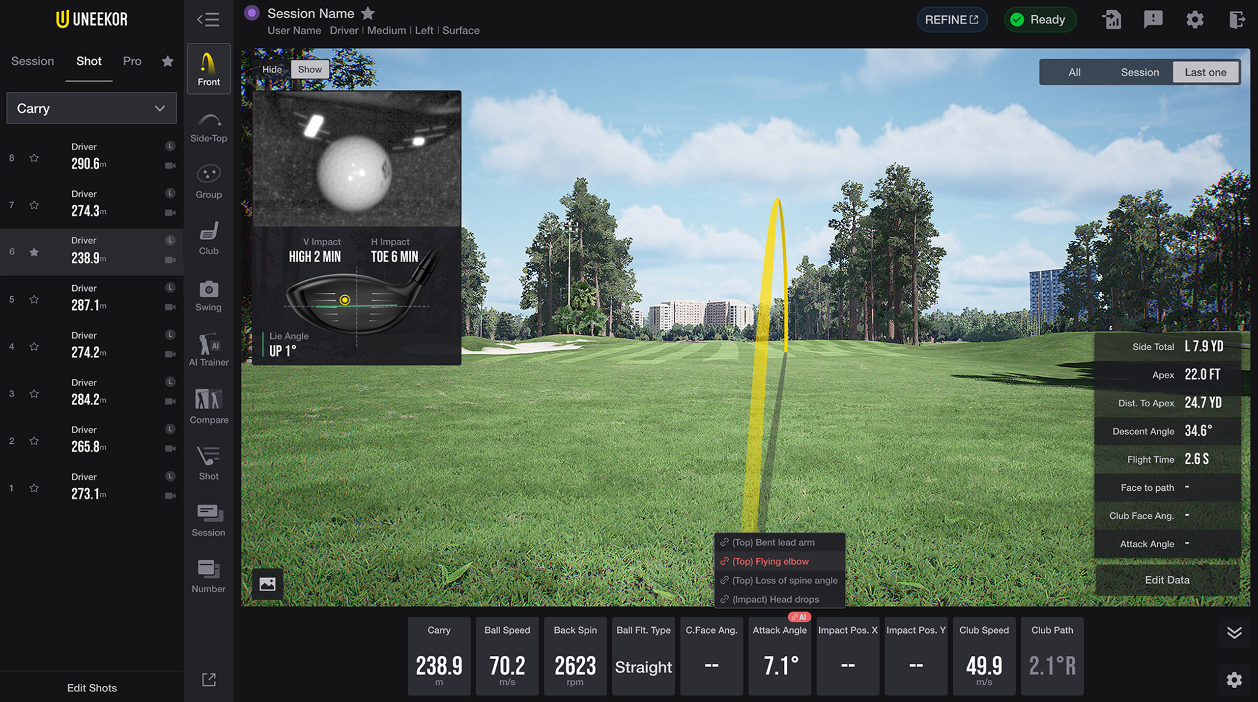 A golf simulator interface displaying a virtual golf course with a yellow shot trajectory, impact data overlays, and various golf metrics.