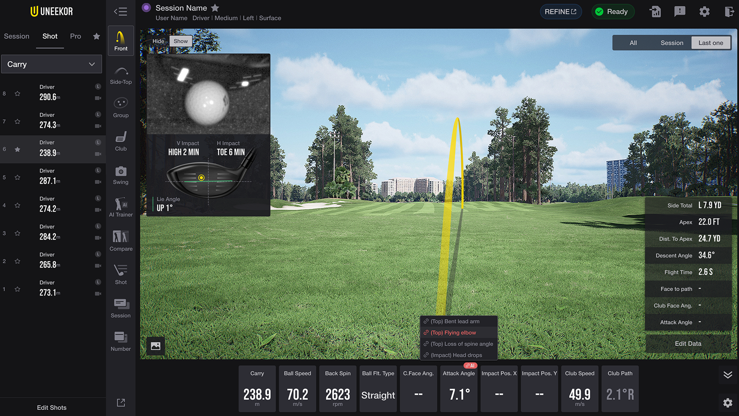 A golf simulator interface displaying a virtual golf course with a yellow shot trajectory, impact data overlays, and various golf metrics.