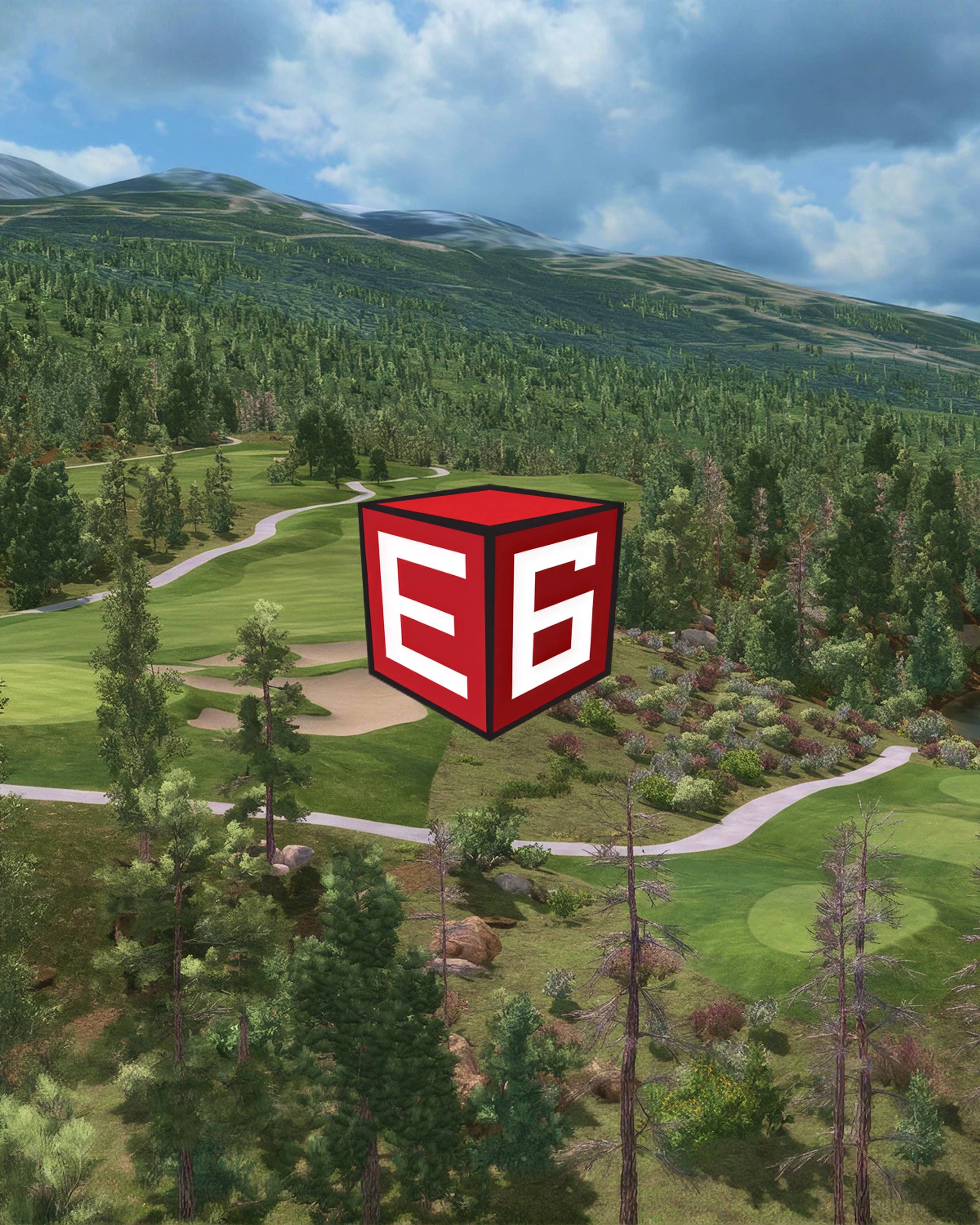 A red 3D cube with "E6" in white, superimposed over a scenic golf course surrounded by forests and mountains under a cloudy sky.