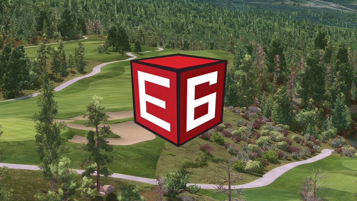 Red E6 logo cube floating above a virtual golf course with mountains and trees.